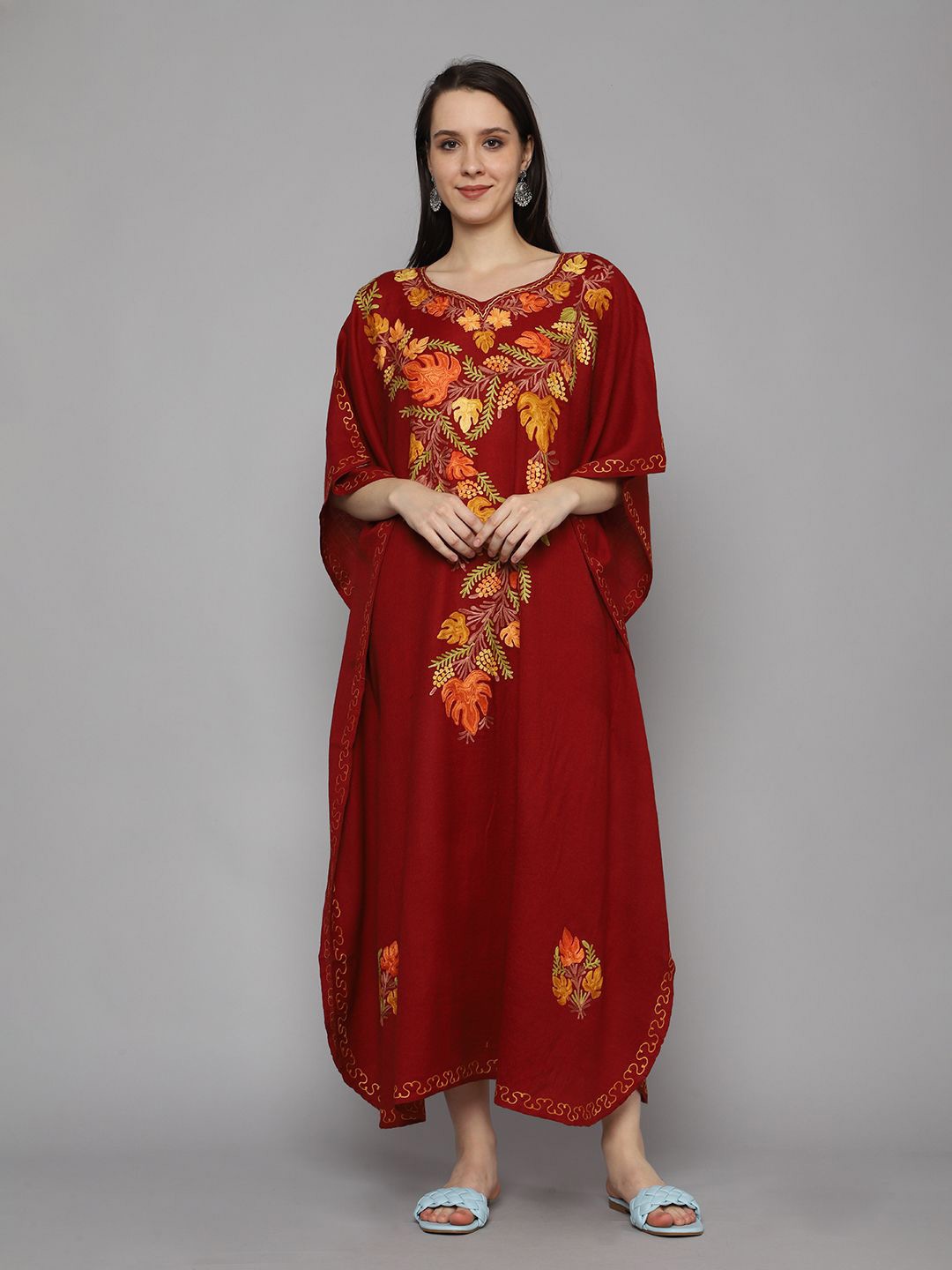 

CRAFTBAZAR Ethnic Motifs Embroidered Cape Sleeve Kaftan Maxi Dress, Maroon