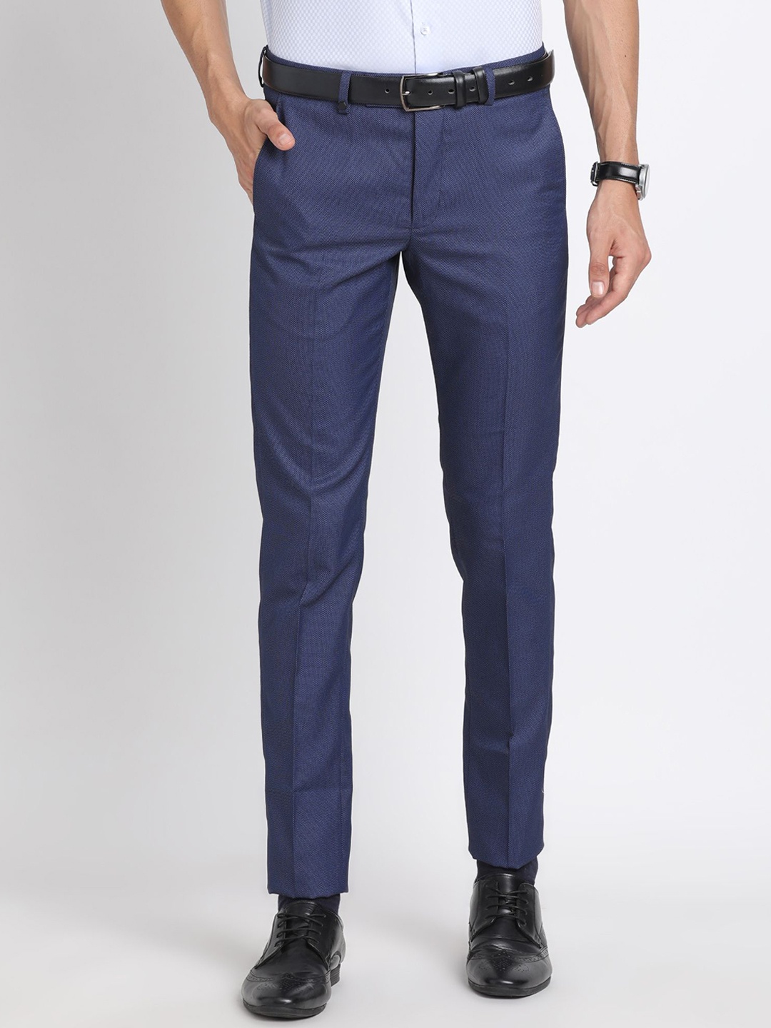 

Turtle Men Textured Tailored Skinny Fit Formal Trousers, Blue