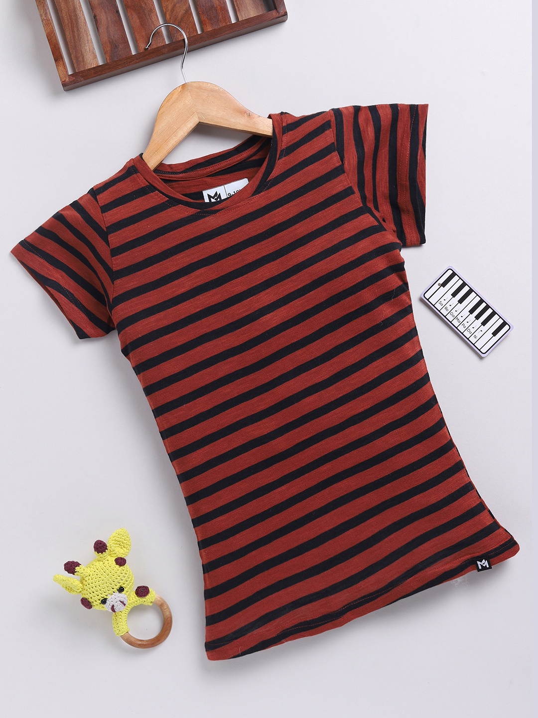 

YK X Minute Mirth Girls Striped Pure Cotton T-shirt, Brown