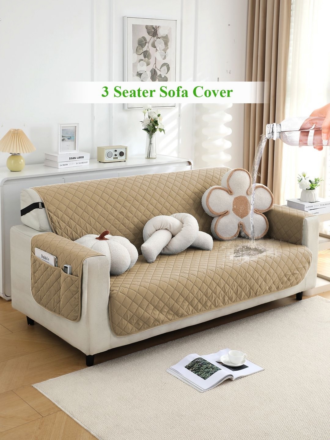 

HOKIPO Camel Brown 3 Seater Sofa Cover With Arms