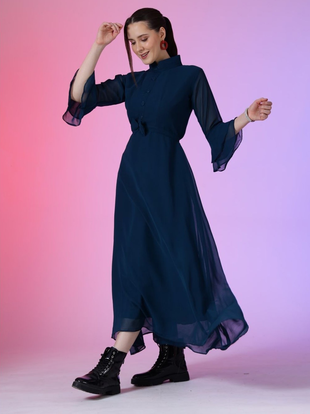 

Raiyani Enterprise Women Mock Neck Fit & Flare Maxi Dress, Blue
