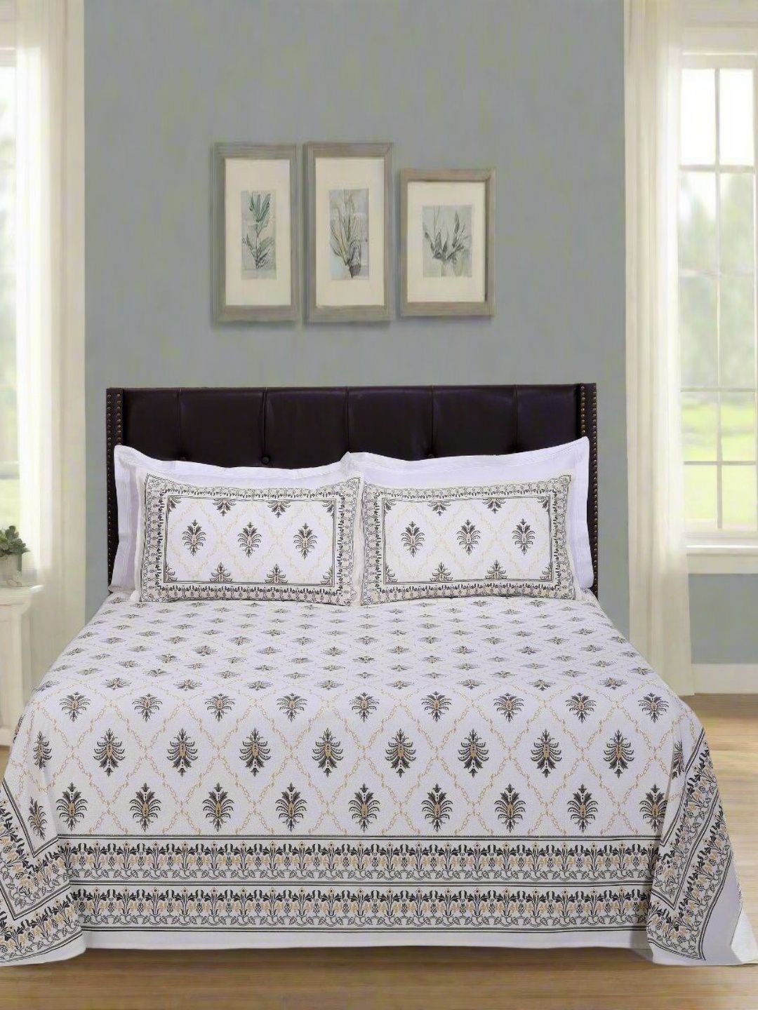 

SHAHENAZ Green & White Floral 120 TC Queen Bedsheet with 2 Pillow Covers