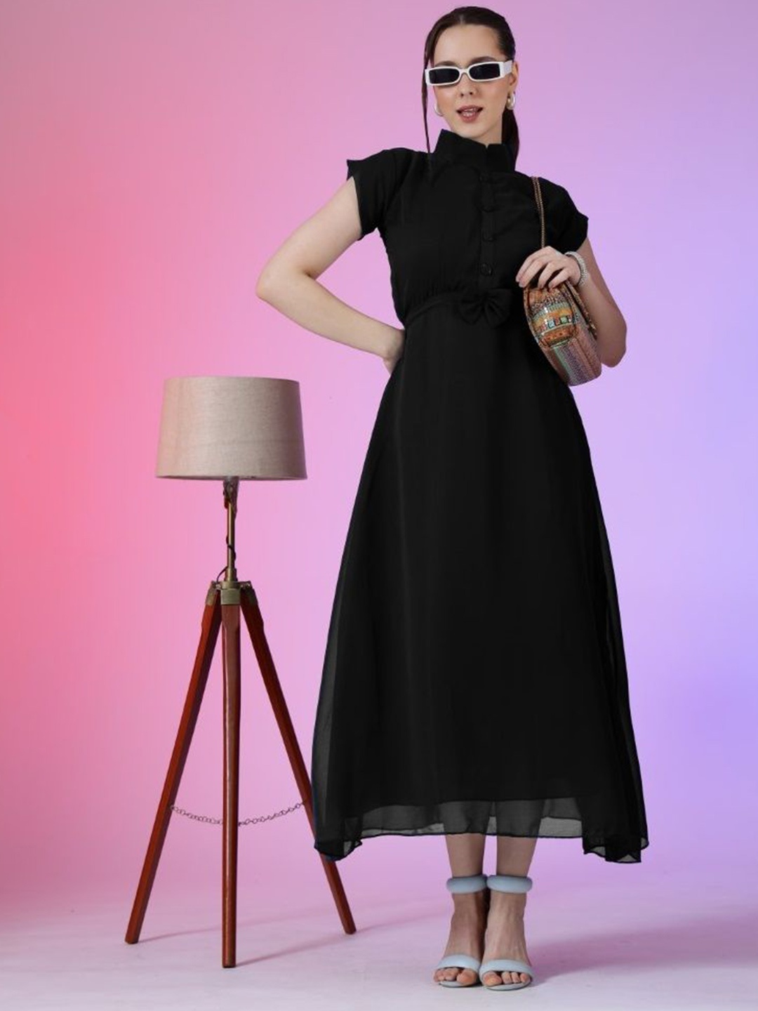 

Krunal Raiyani Women Mock Neck A-Line Casual Midi Dress, Black