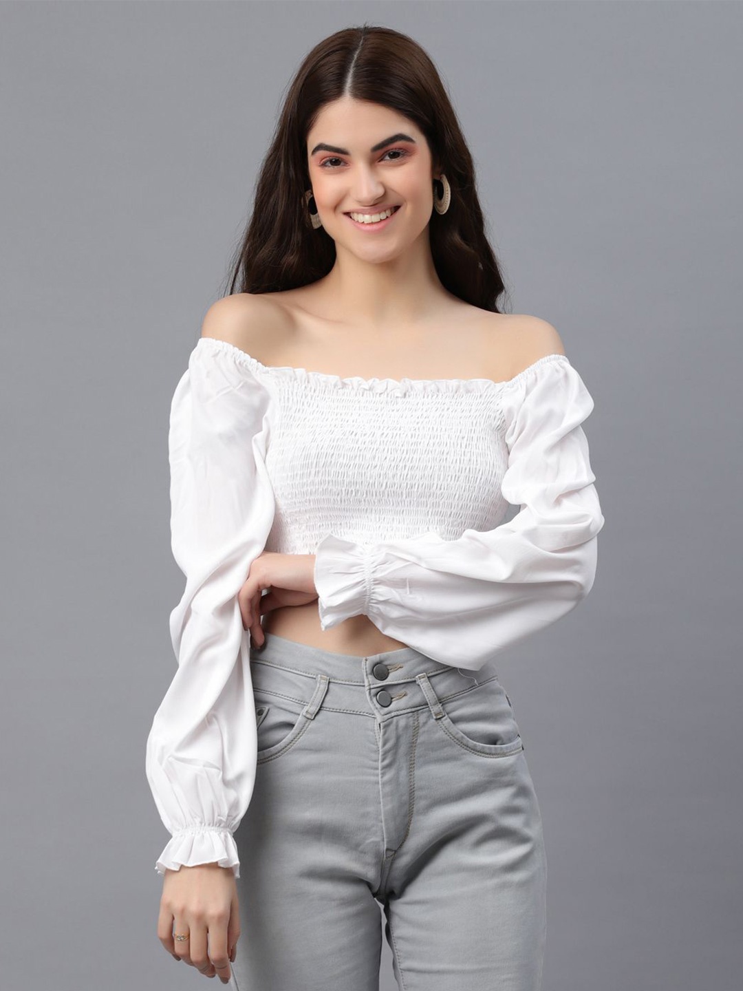 

all about you Off-Shoulder Puff Sleeve Bardot Crop Top, White