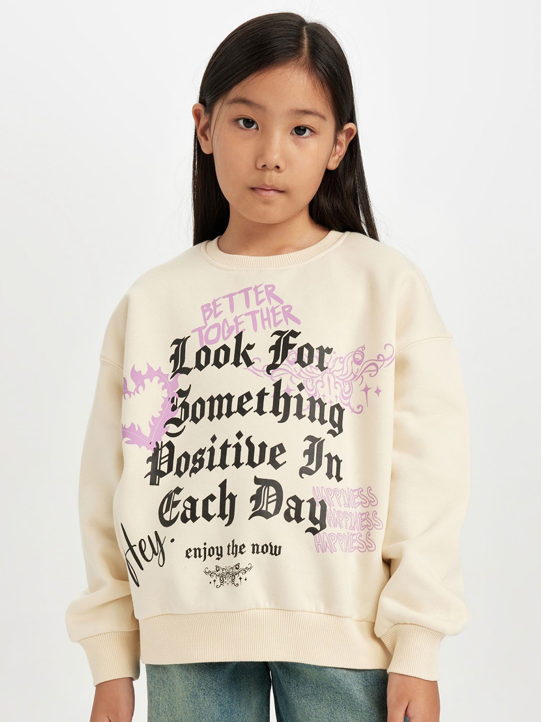 

DeFacto Girls Typography Printed Round Neck Pullover Sweater, Beige