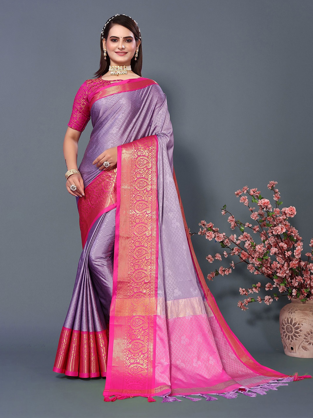 

Aldwych Woven Design Zari Silk Blend Chanderi Saree, Purple