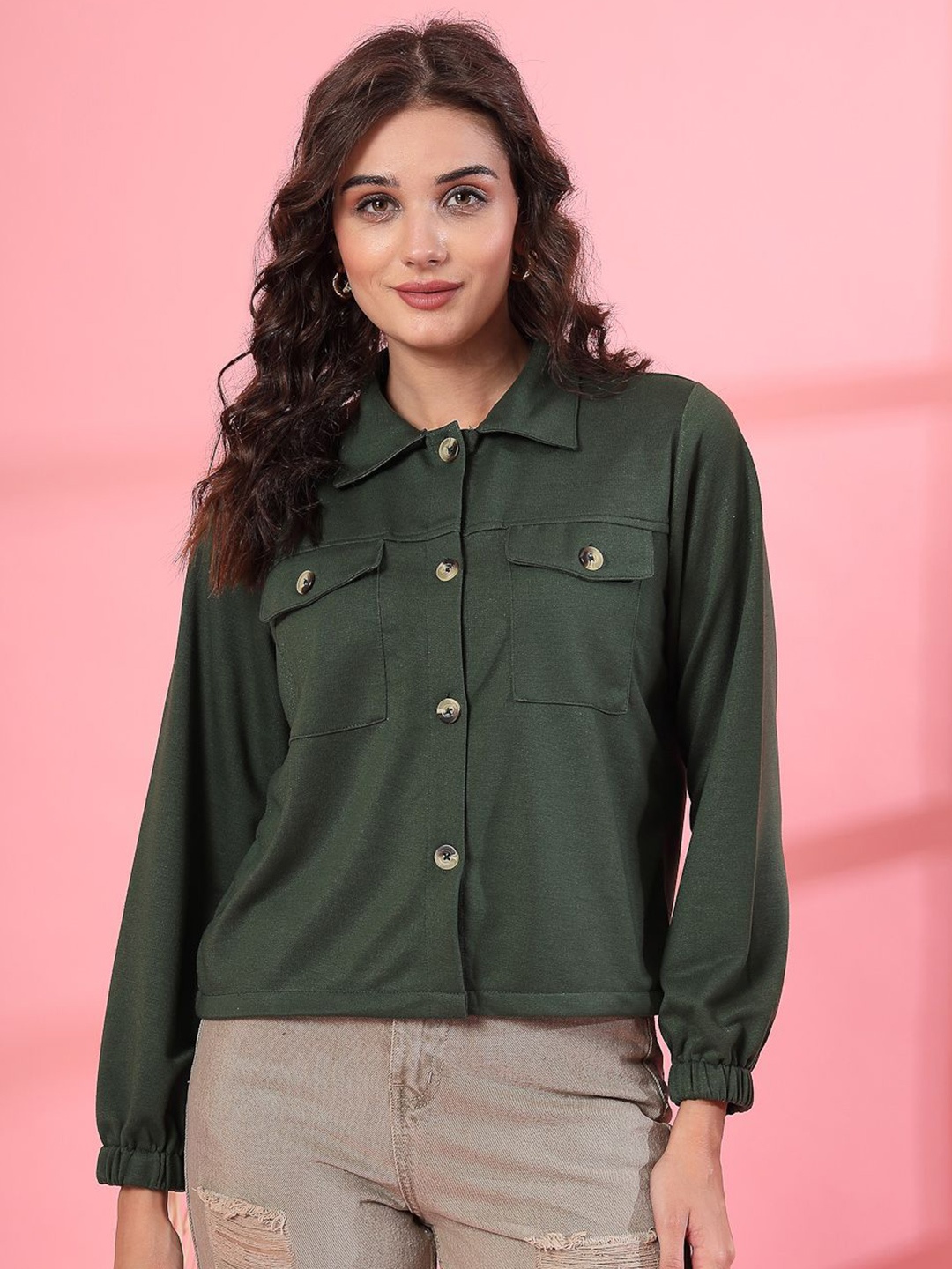 

STYLECAST X KASSUALLY Women Comfort Spread Collar Solid Casual Shirt, Green
