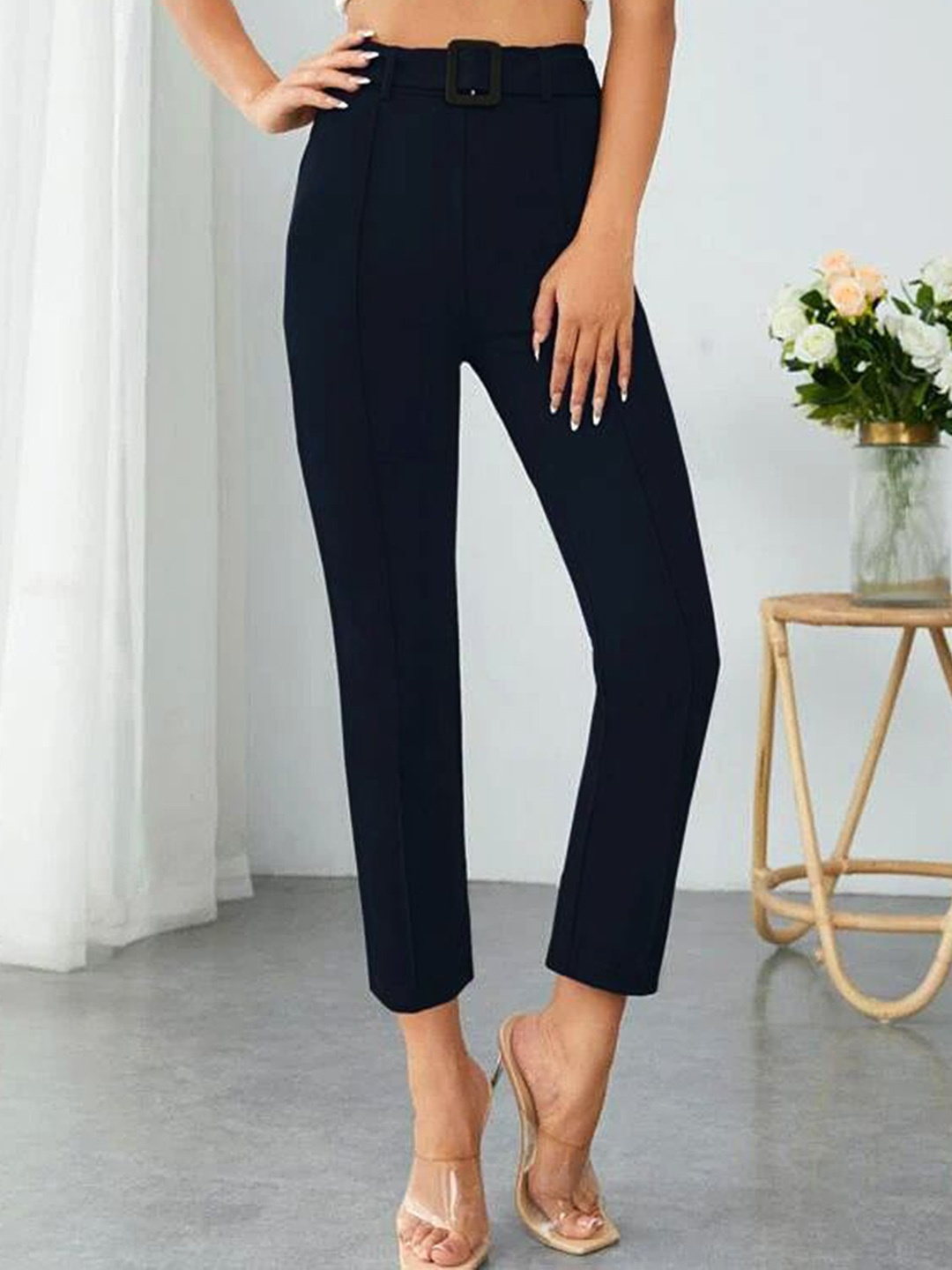 

Stylecast X Slyck Solid Pattern Belted Trouser, Navy blue