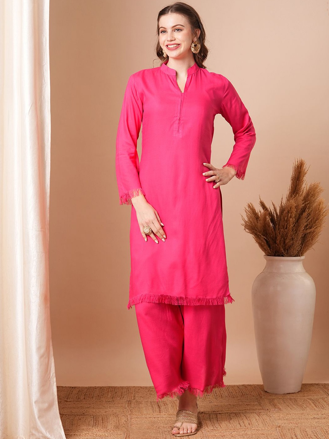 

FASHOR Straight Fit Fringed Mandarin Collar Neck Tunic With Palazzo Co-Ords, Pink