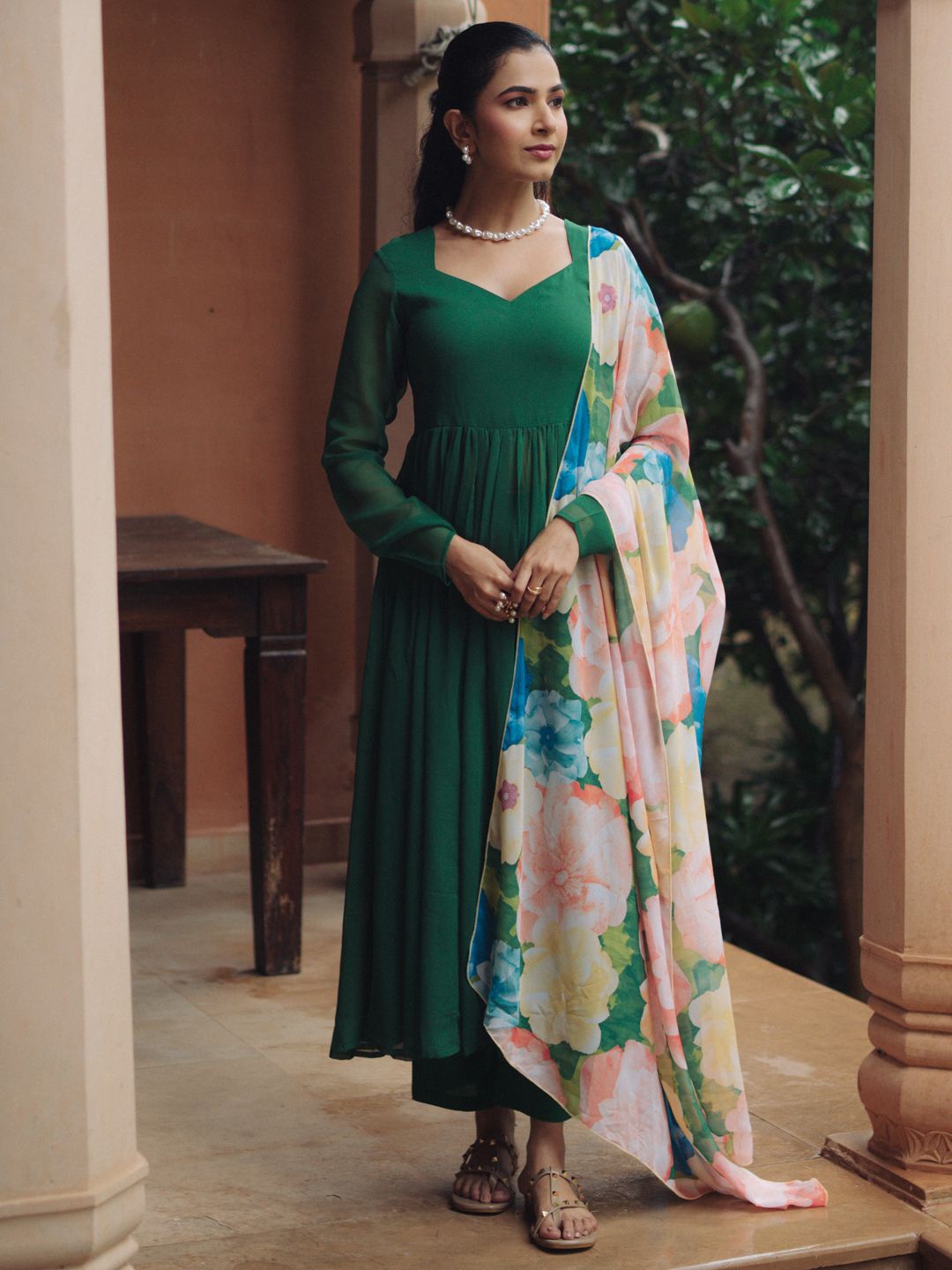 

anayna Women Panelled Kurta with Trousers & With Dupatta, Green