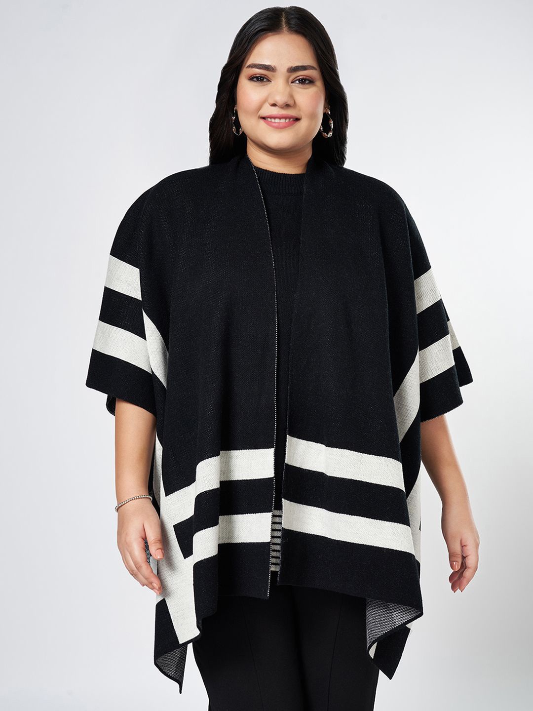 

Honey Curvytude by Pantaloons Women Striped Longline Shrug, Black