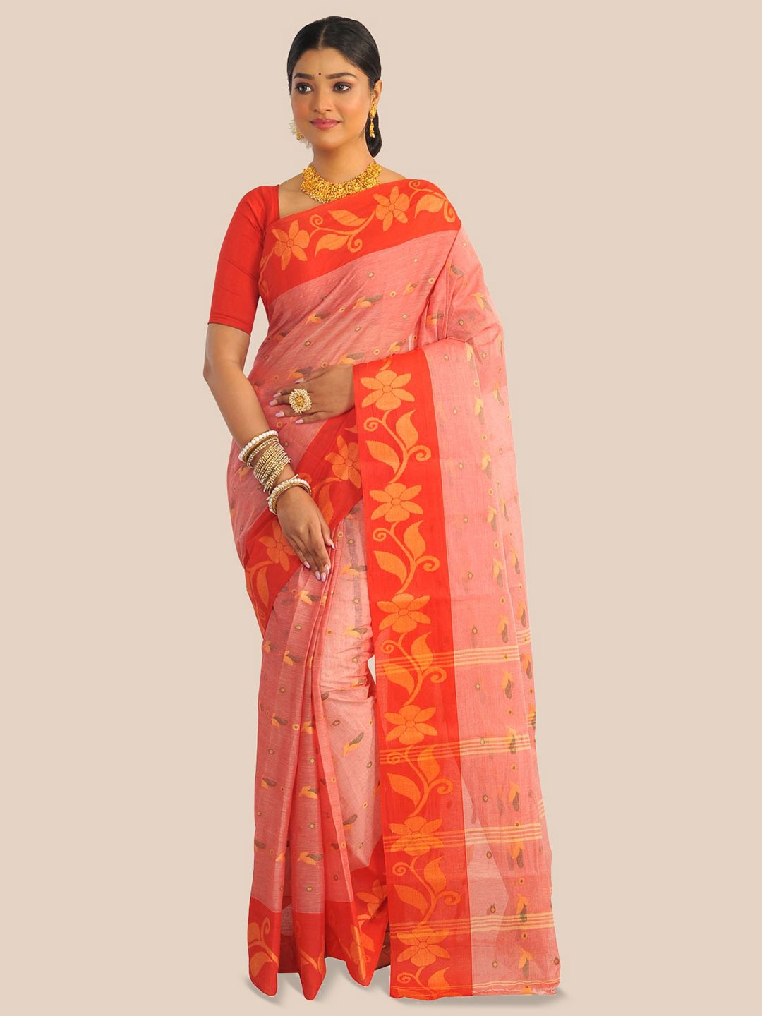 

RAJ SAREE HOUSE Woven Design Pure Cotton Taant Saree, Pink