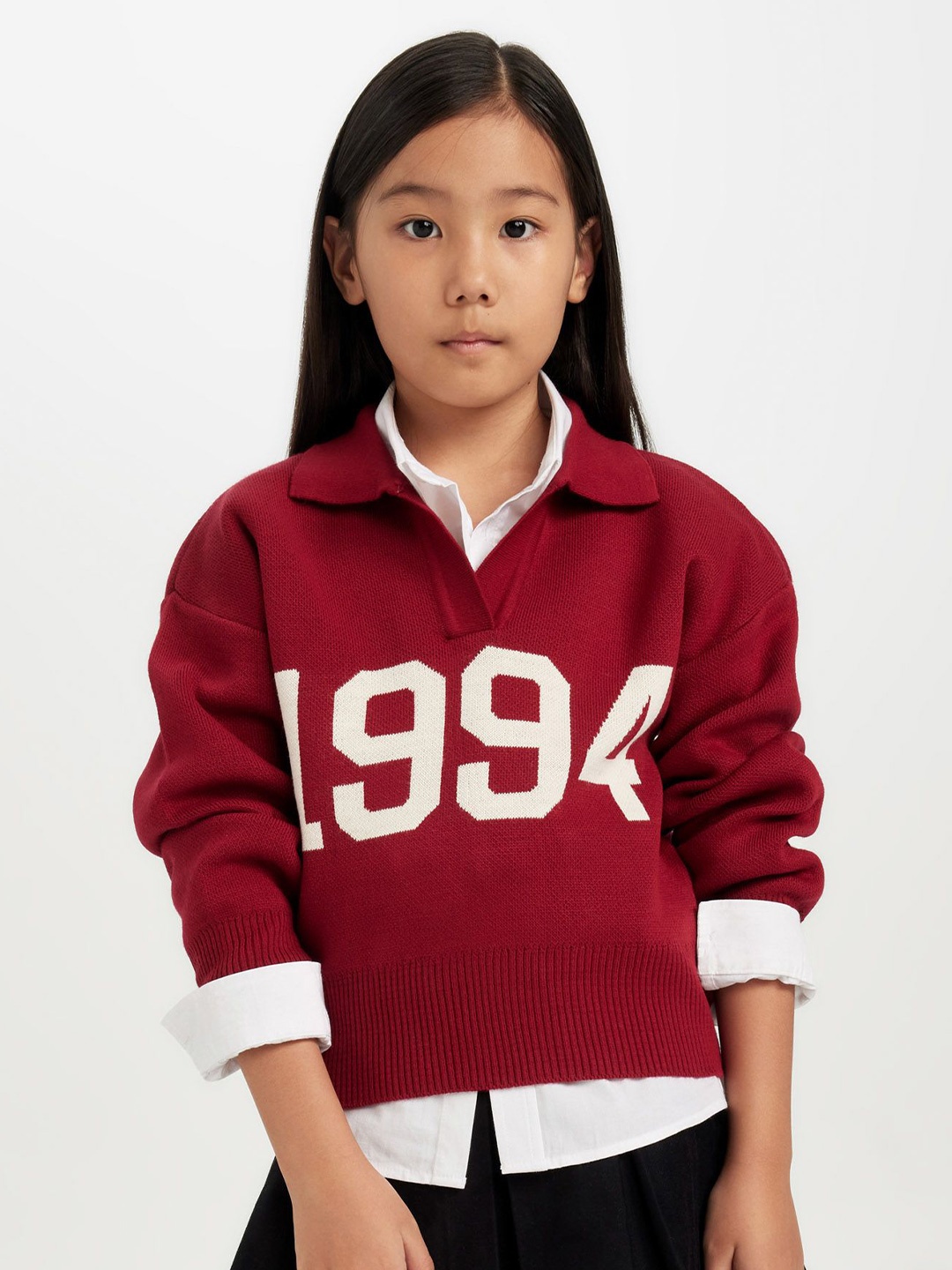 

DeFacto Girls Alphanumeric Printed Lapel Collar Pullover Sweaters, Red