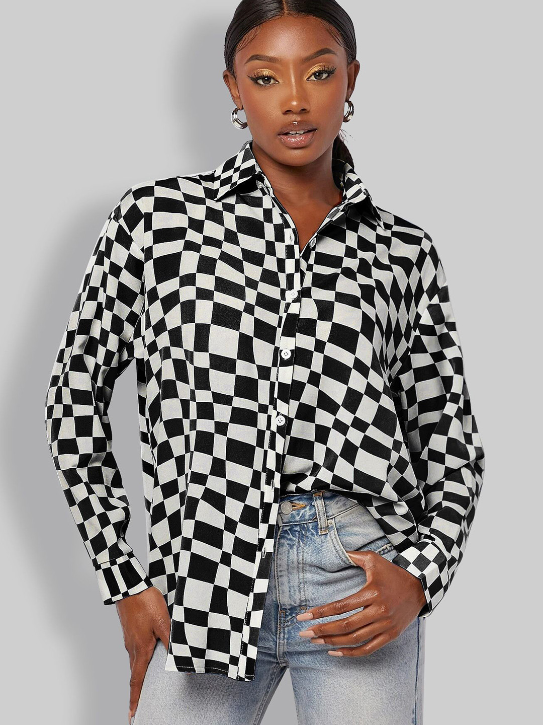 

Stylecast X Slyck Women Colourblocked Pattern Spread Collar Cuffed Regular Fit Shirt, Black