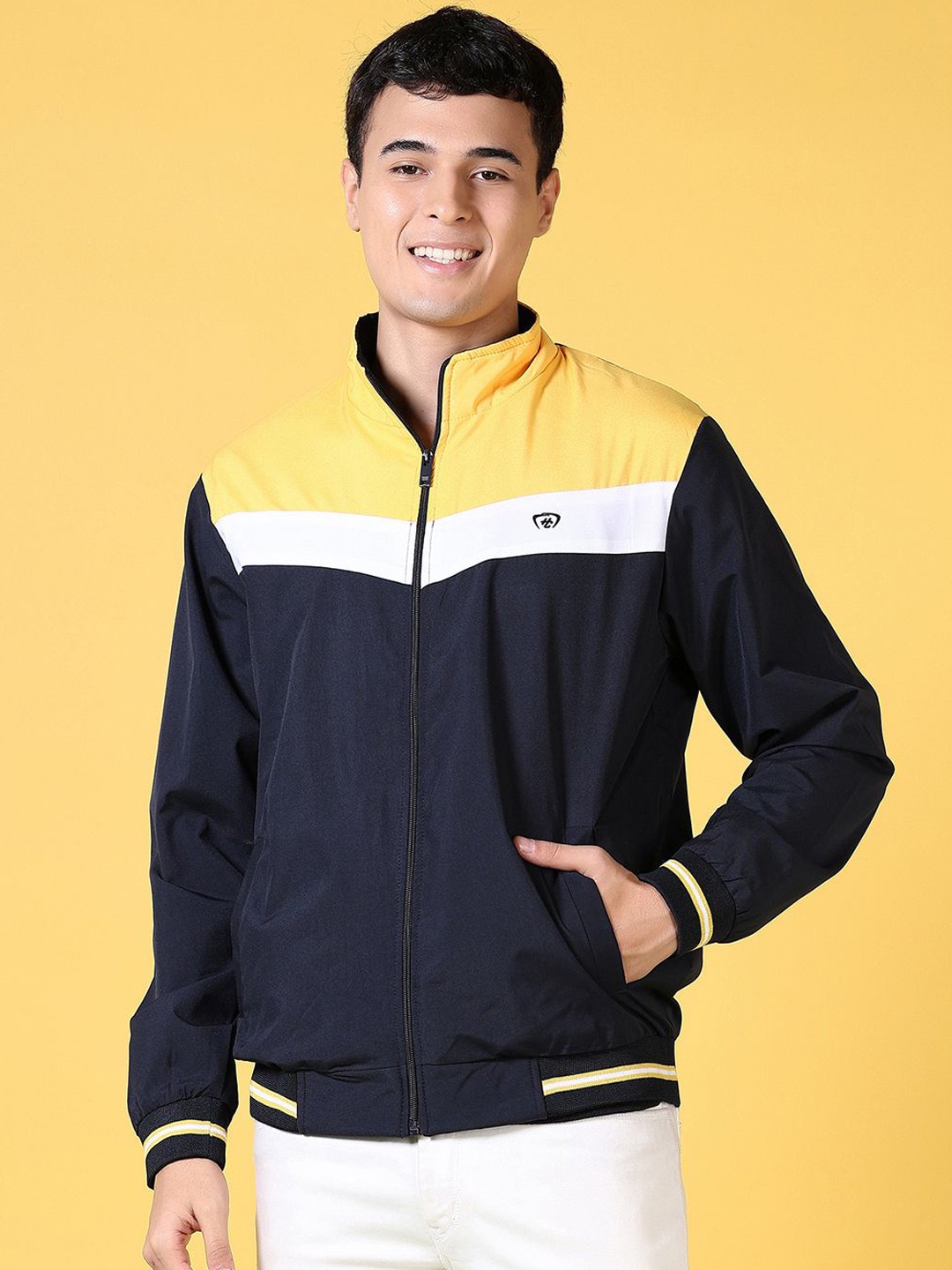 

V-Mart Men Colourblocked Bomber with Embroidered Jacket, Navy blue