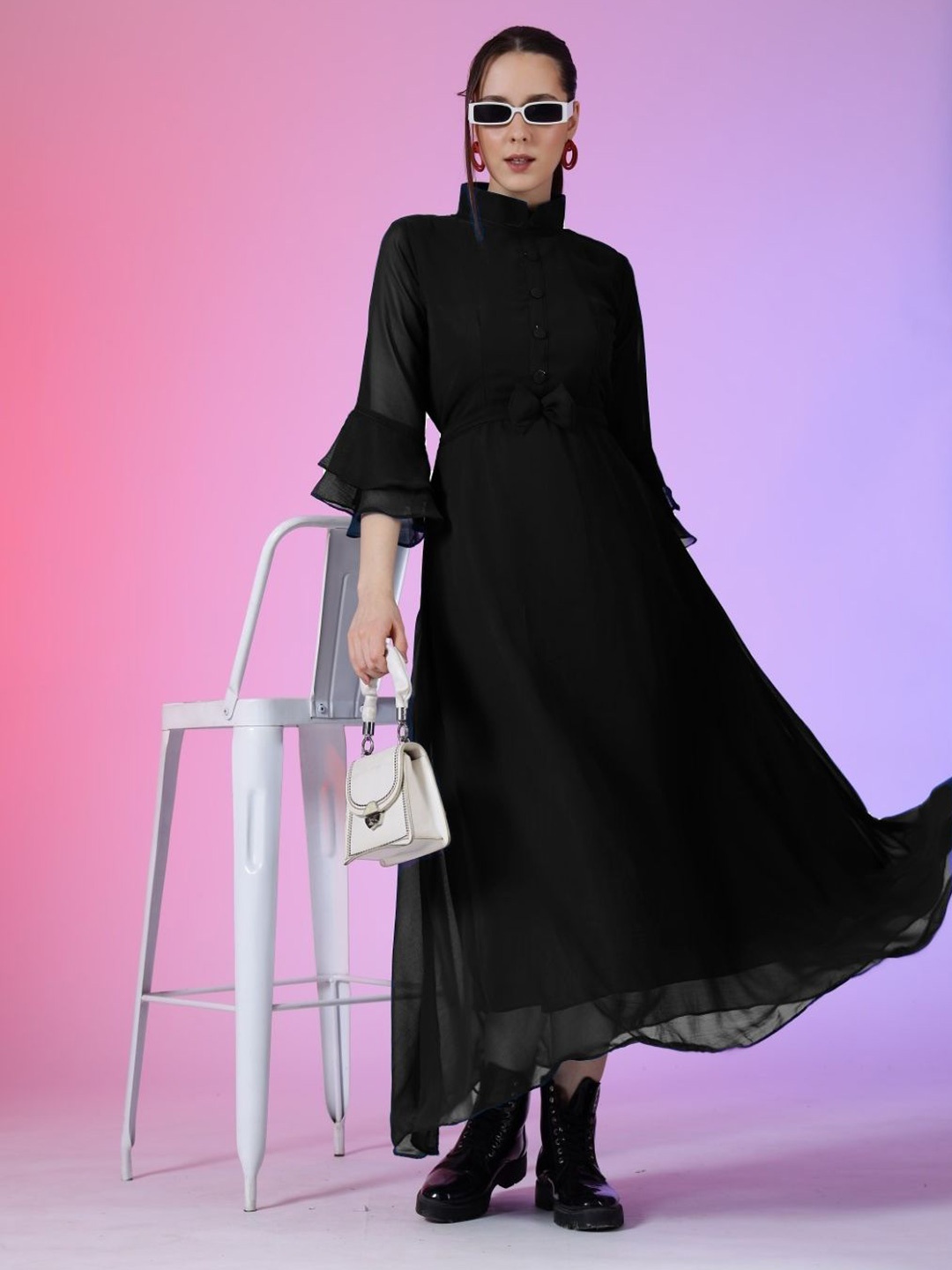

Raiyani Enterprise Women High Neck Bell Sleeves Fit & Flare Maxi Dress, Black