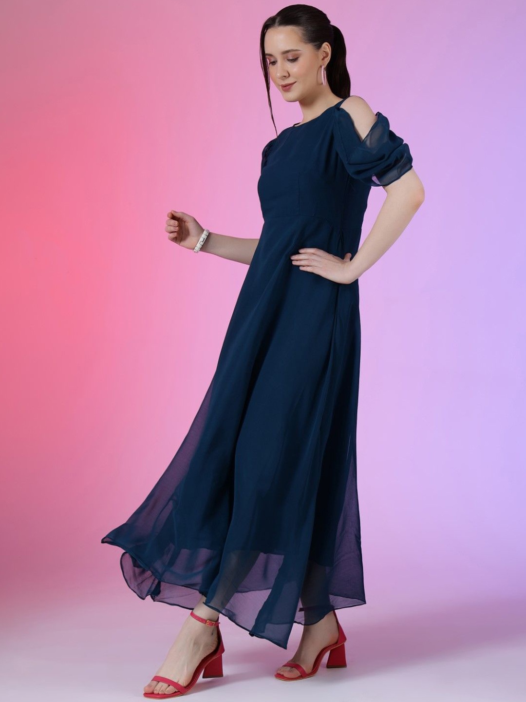 

Femvy Women Cold-Shoulder Sleeves Fit & Flare Maxi Dress, Blue