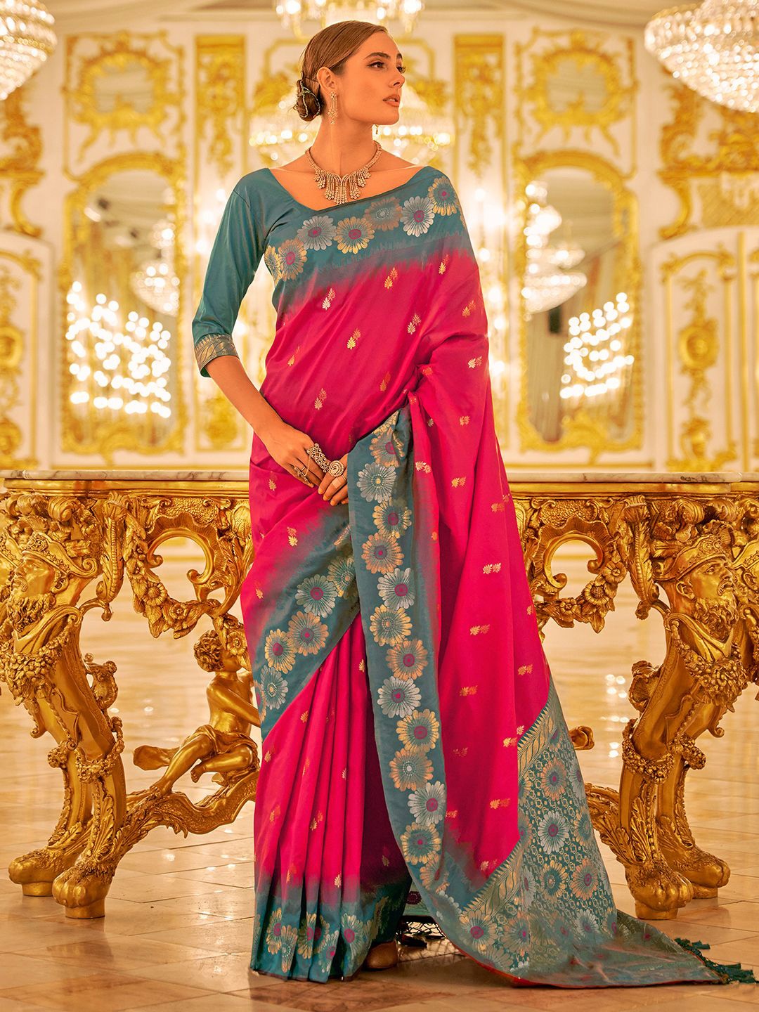 

Satrani Woven Design Zari Pure Silk Banarasi Saree, Pink