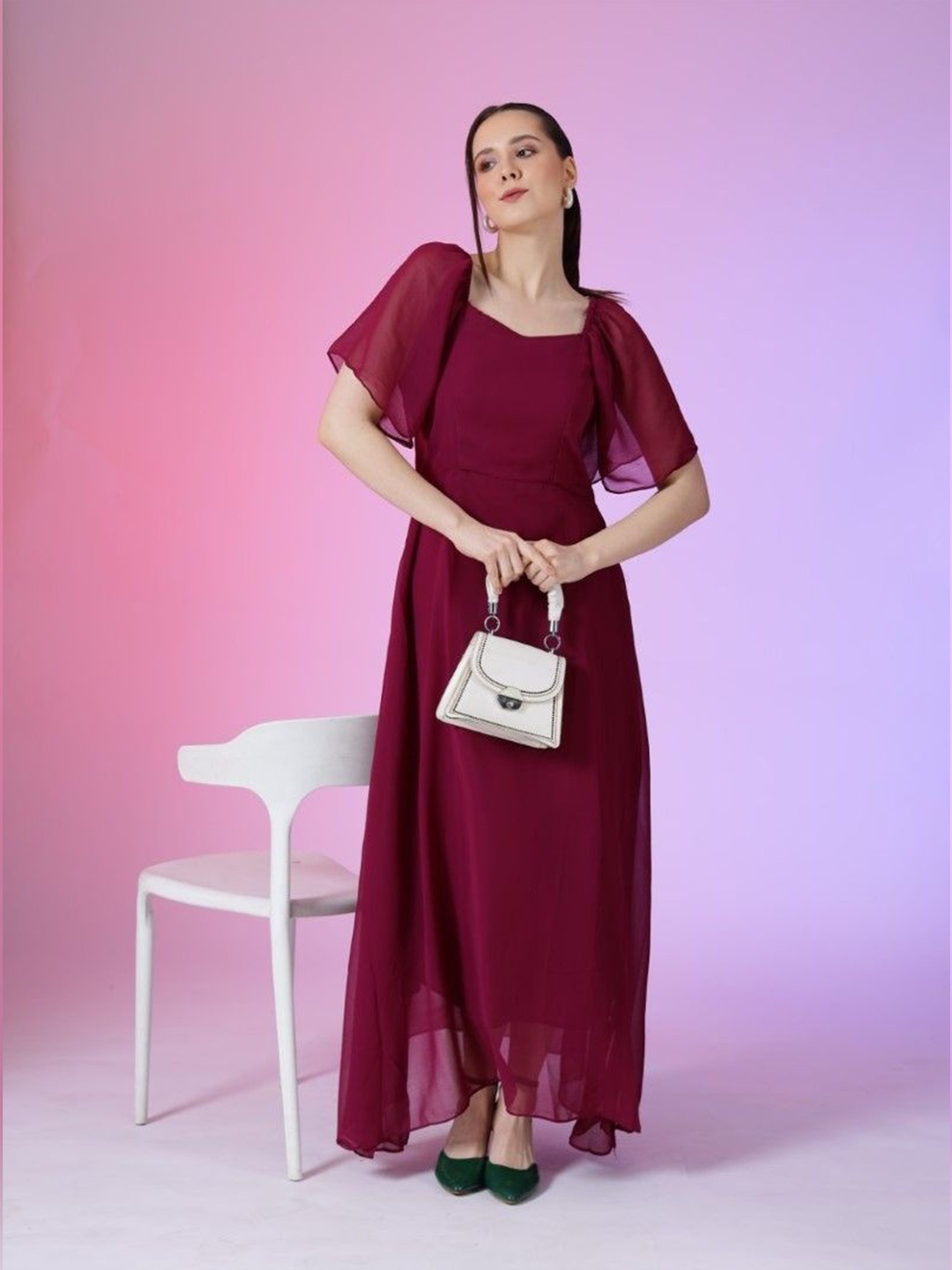 

Femvy Women Sweetheart Neck Bell Sleeve Maxi Dress, Magenta