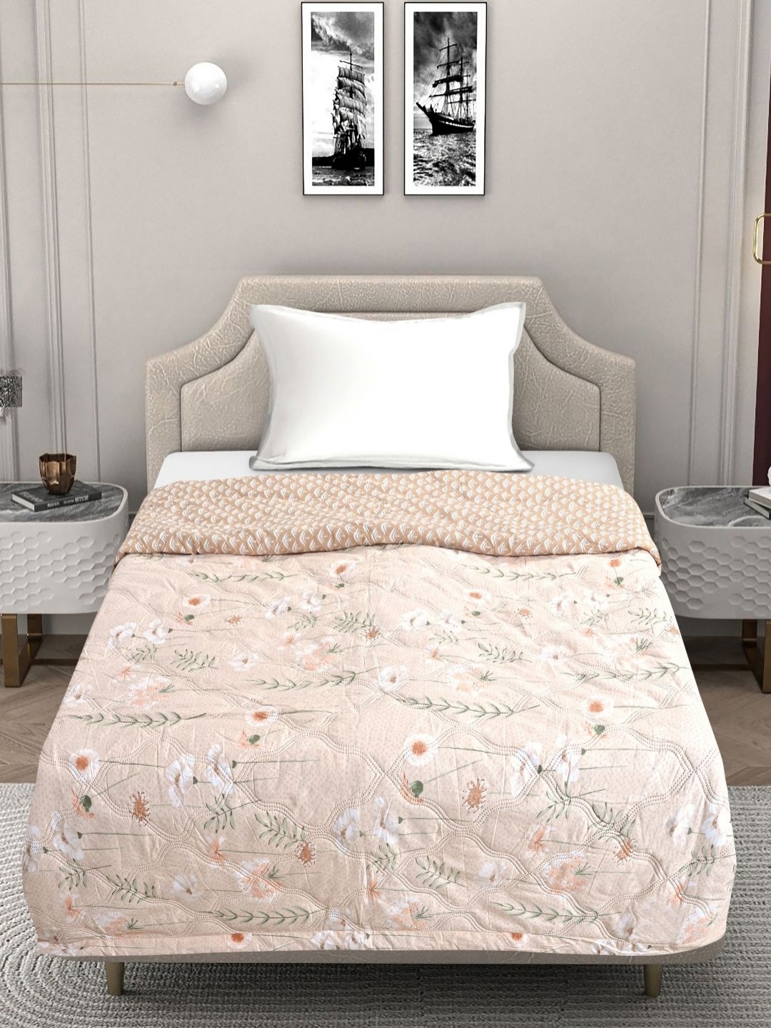 

FABINALIV Beige & Green Floral Mild Winter 350 GSM Single Bed Comforter