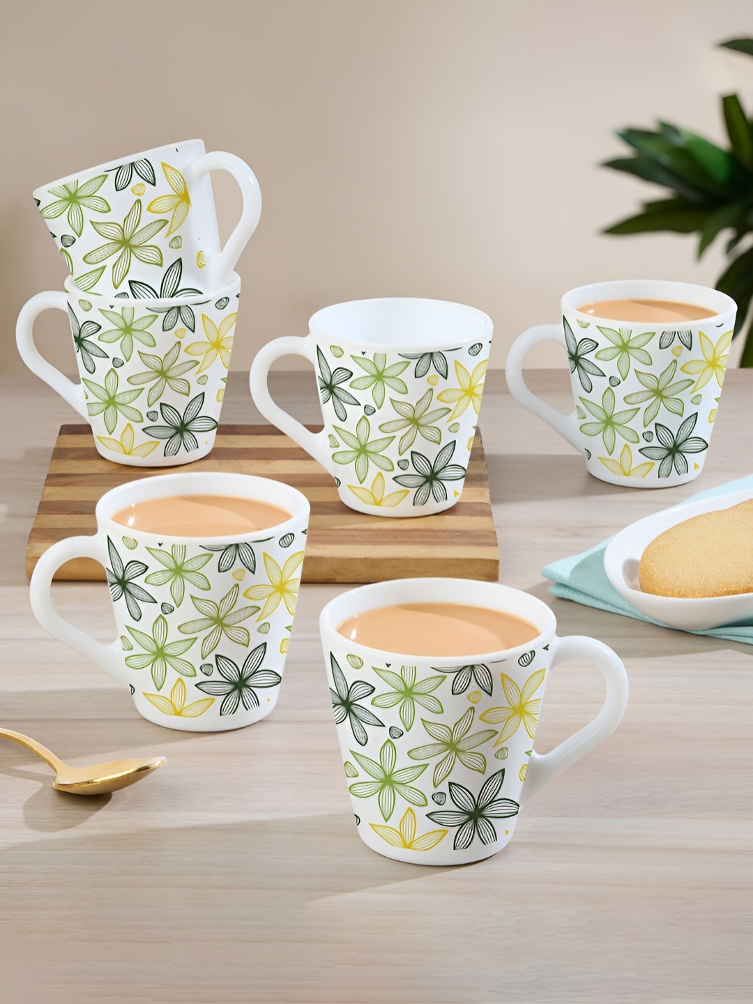 

Larah by BOROSIL White & Green Floral Printed Opalware Glossy Mugs Set of Cups and Mugs