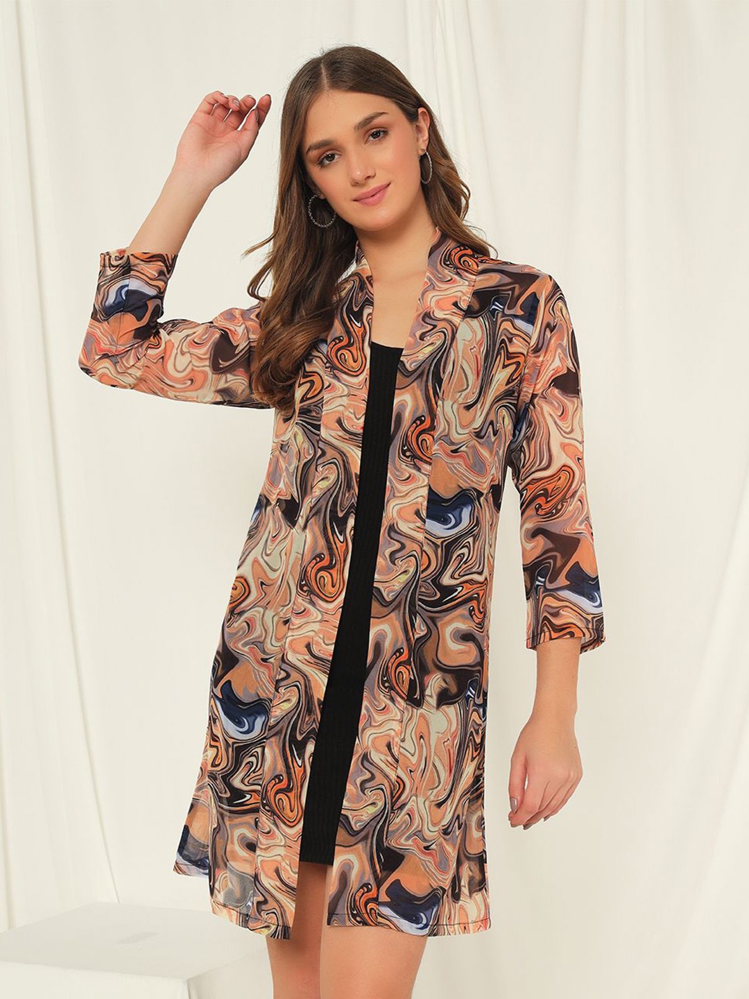 

TANDUL Abstract Printed Open Front Shrug, Brown