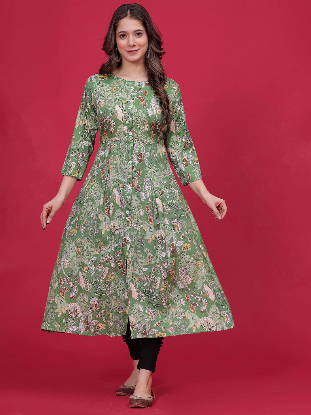 

DIZON Floral Printed Cotton A-Line Kurta, Green