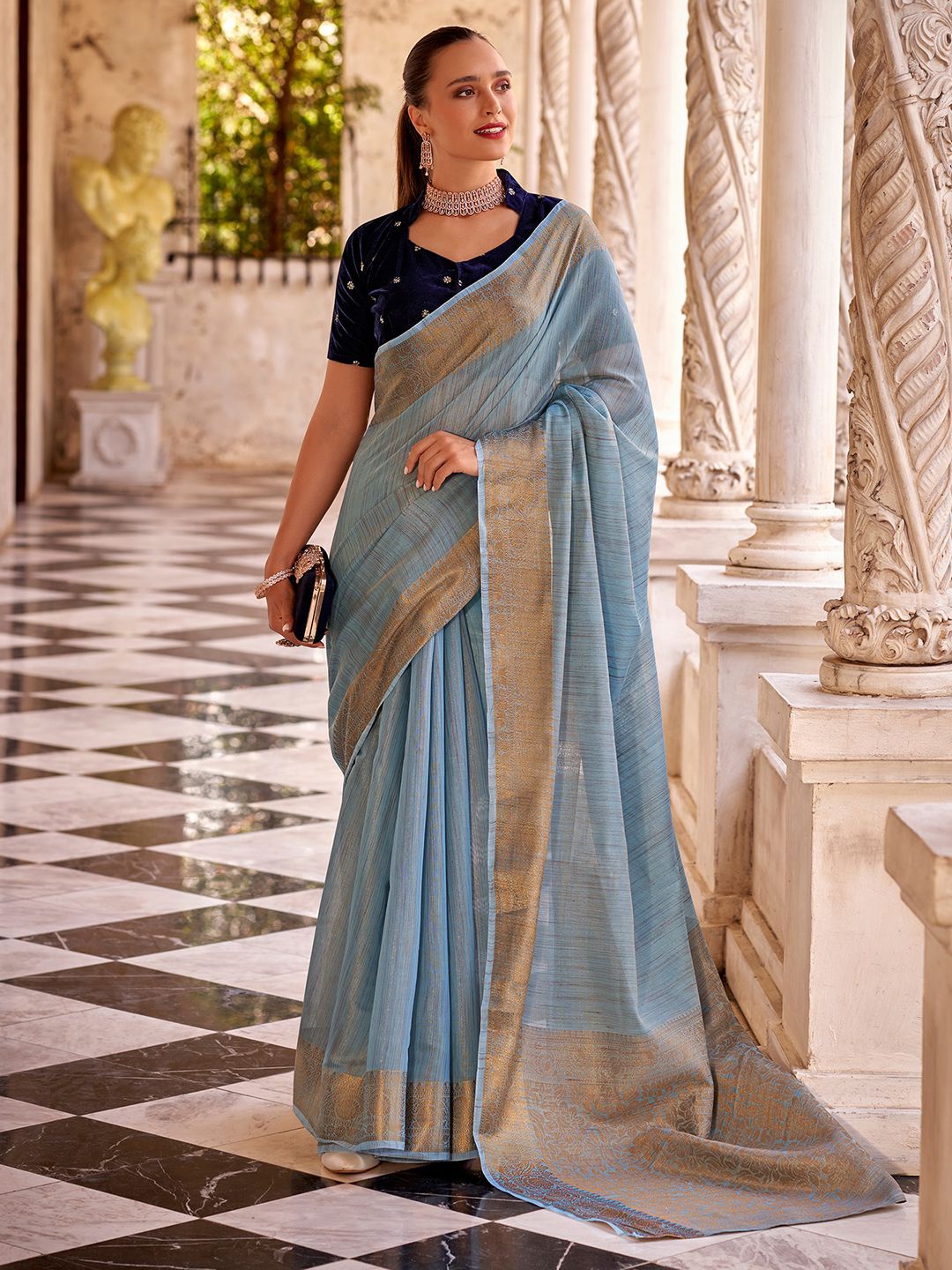 

Satrani Striped Zari Pure Linen Banarasi Saree, Blue