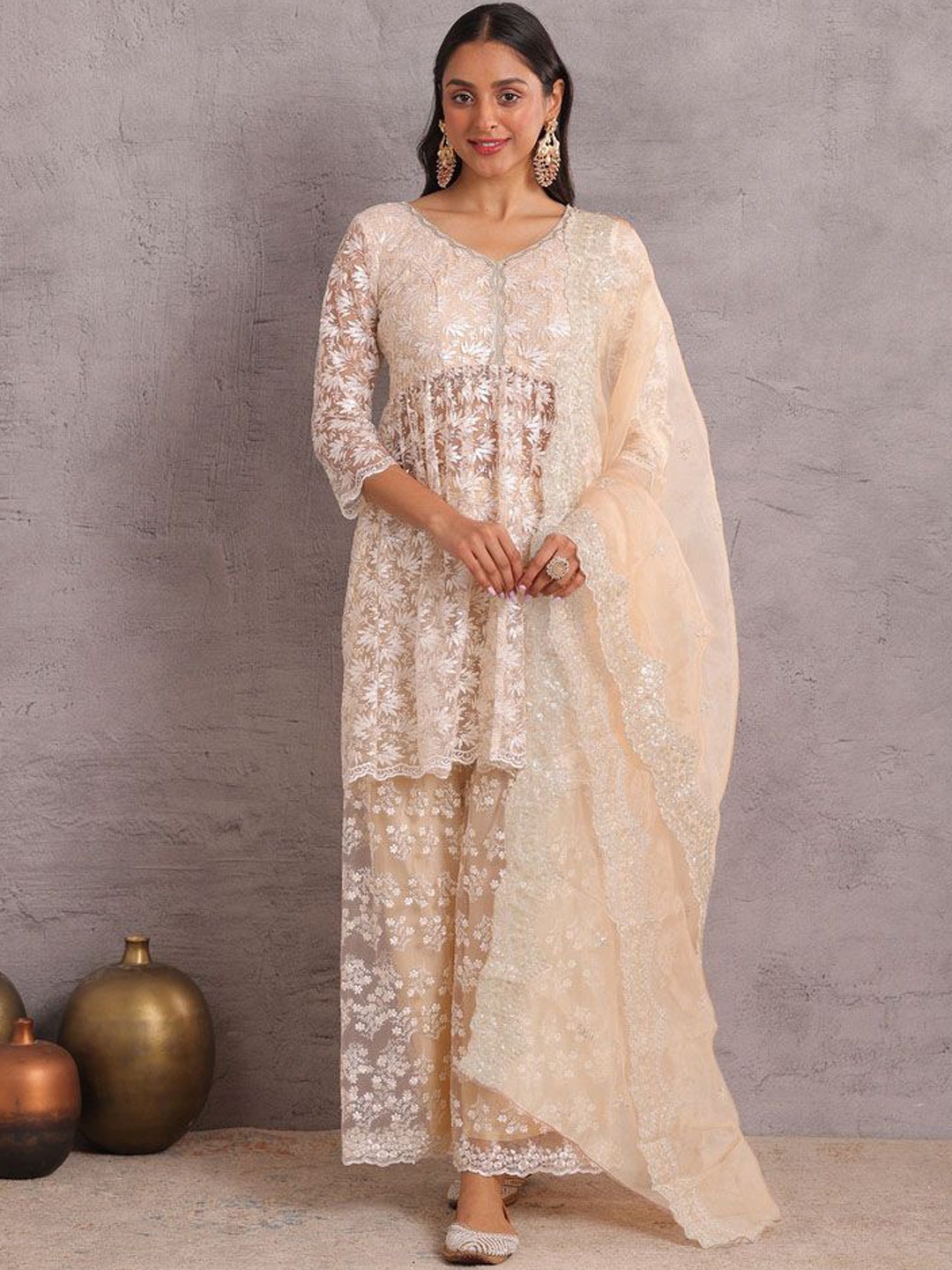 

SEW Women Printed Regular Kurti with Palazzos & With Dupatta, Cream