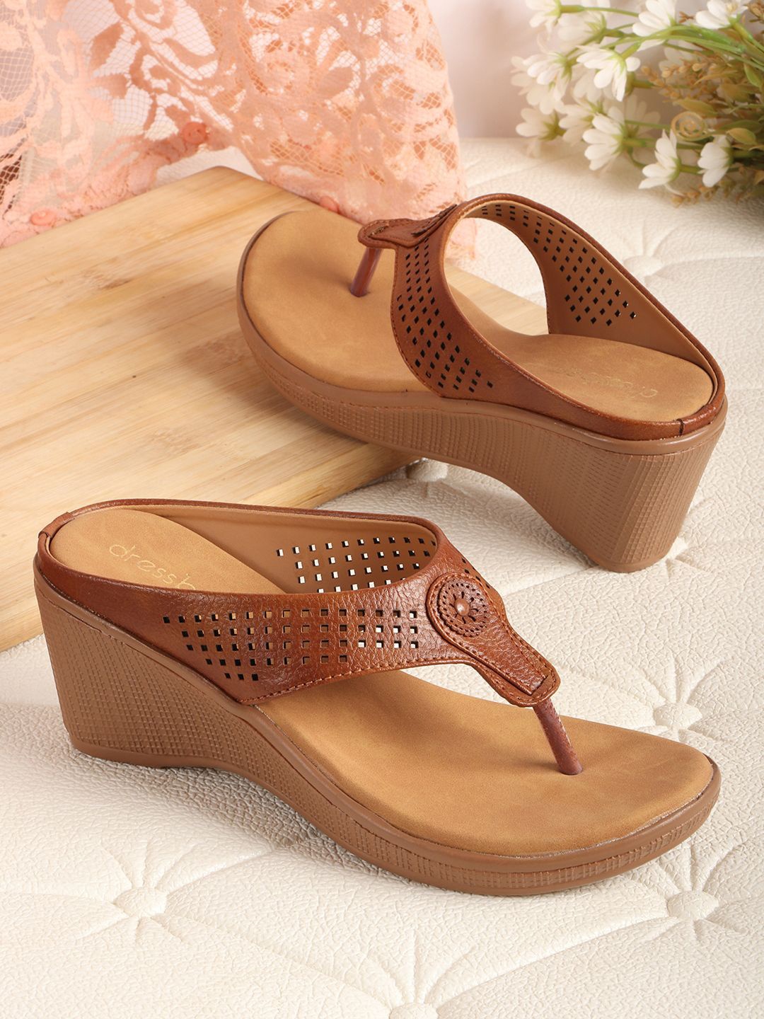 

DressBerry Wedge Sandals with Laser Cuts, Tan