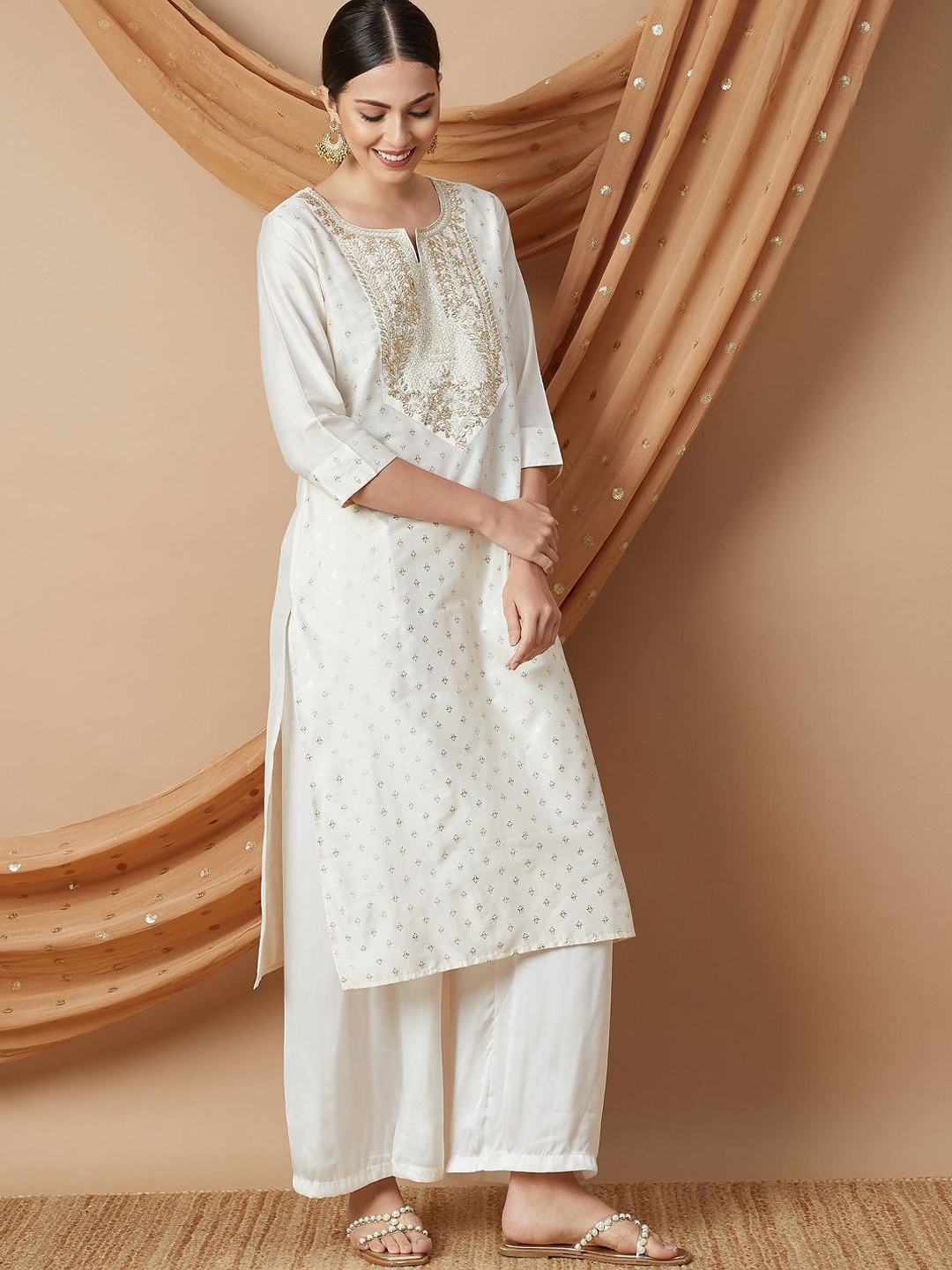 

Melange by Lifestyle Women Ethnic Motifs Embroidered Flared Sleeves Kurta, Off white