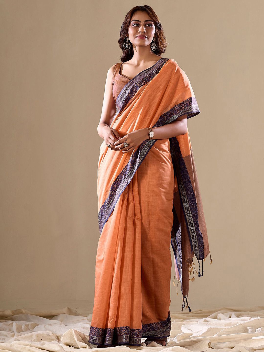 

Satrani Woven Design Zari Pure Cotton Banarasi Saree, Orange