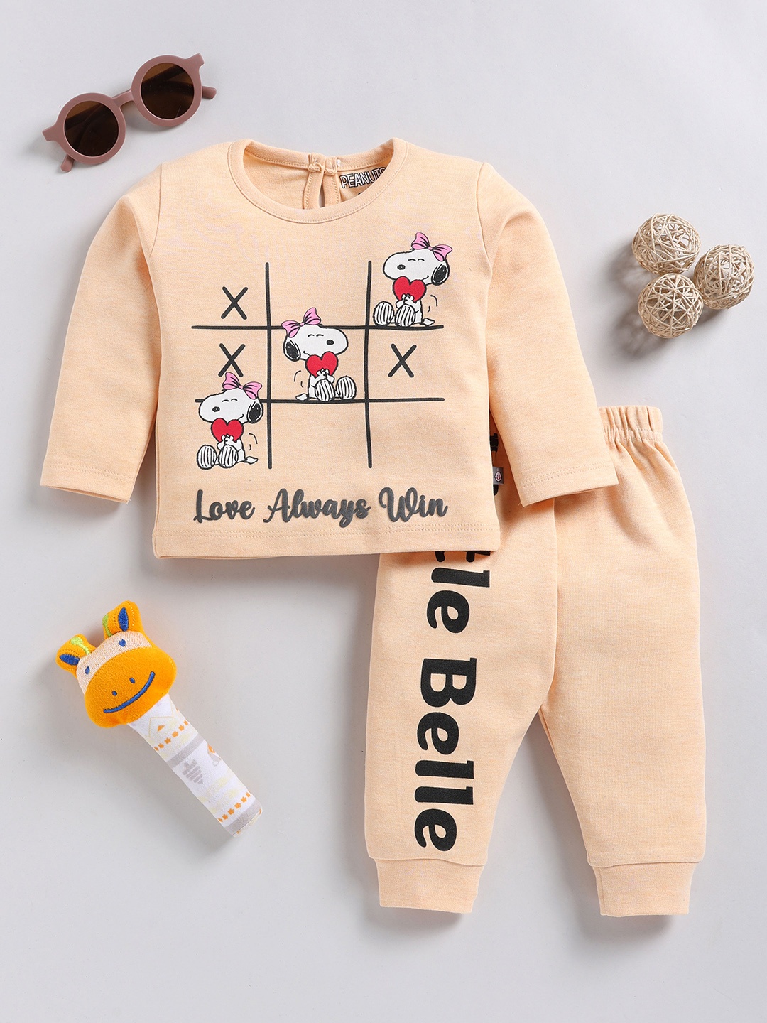 

YK X Tinyo Infant Girls Peanuts Printed Pure Cotton Top with Joggers, Cream