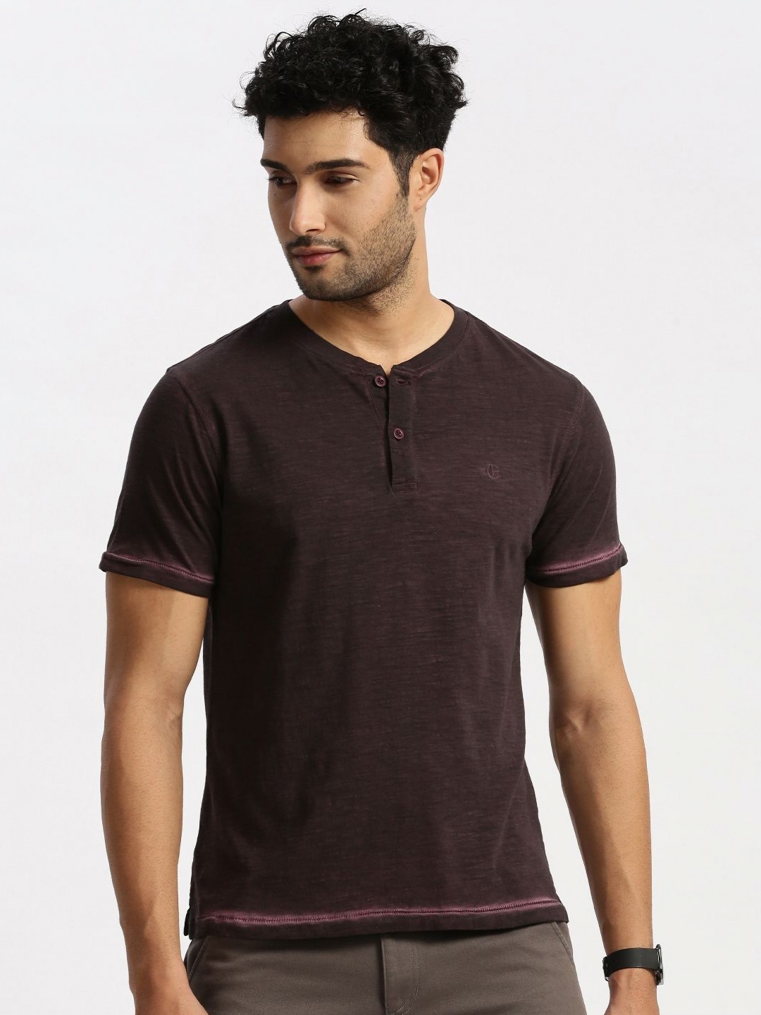 

Grit and Flair Men Henley Neck Slim Fit T-shirt, Purple