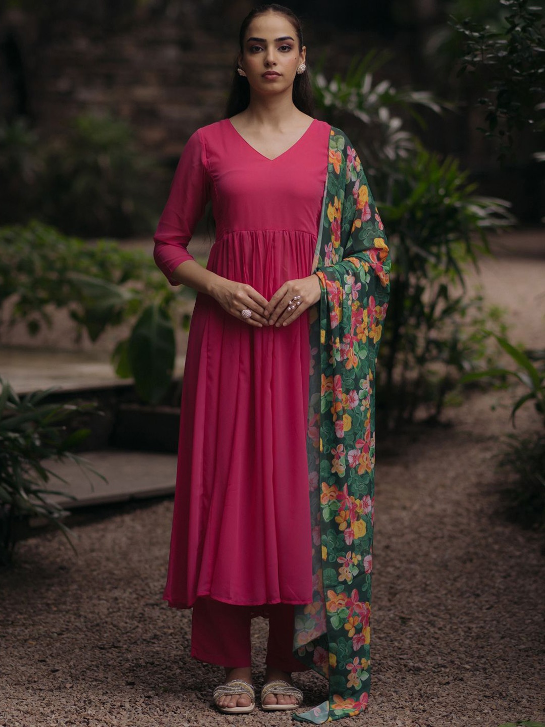 

anayna Women Panelled Kurta with Trousers & With Dupatta, Pink