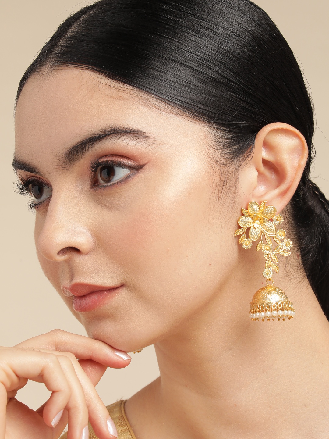 

Anouk Gold Plated Beaded Floral Jhumkas Earrings