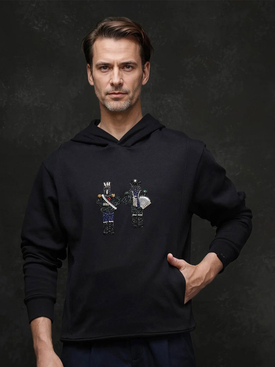

RARE RABBIT Men Embellished Hooded Cotton Sweatshirt, Black