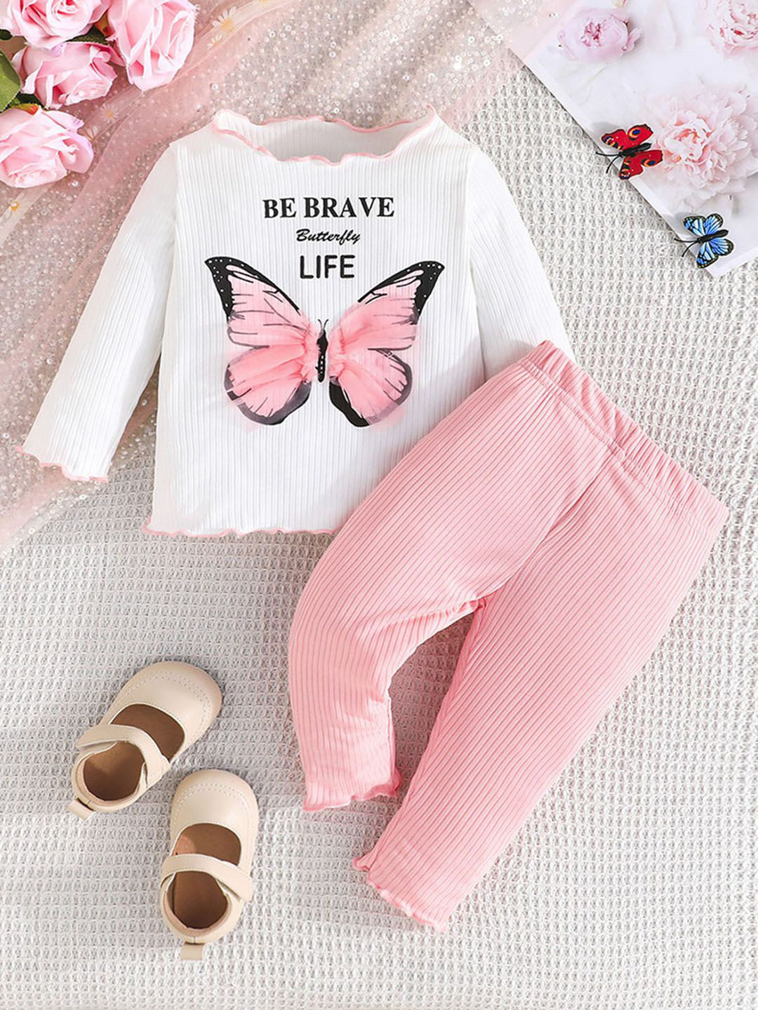 

INCLUD Girls Printed Top with Trousers, Pink