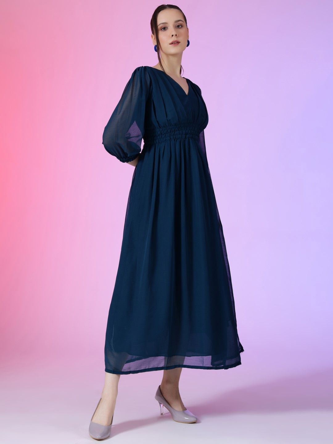 

Krunal Raiyani Georgette Fit & Flare Maxi Dress, Navy blue