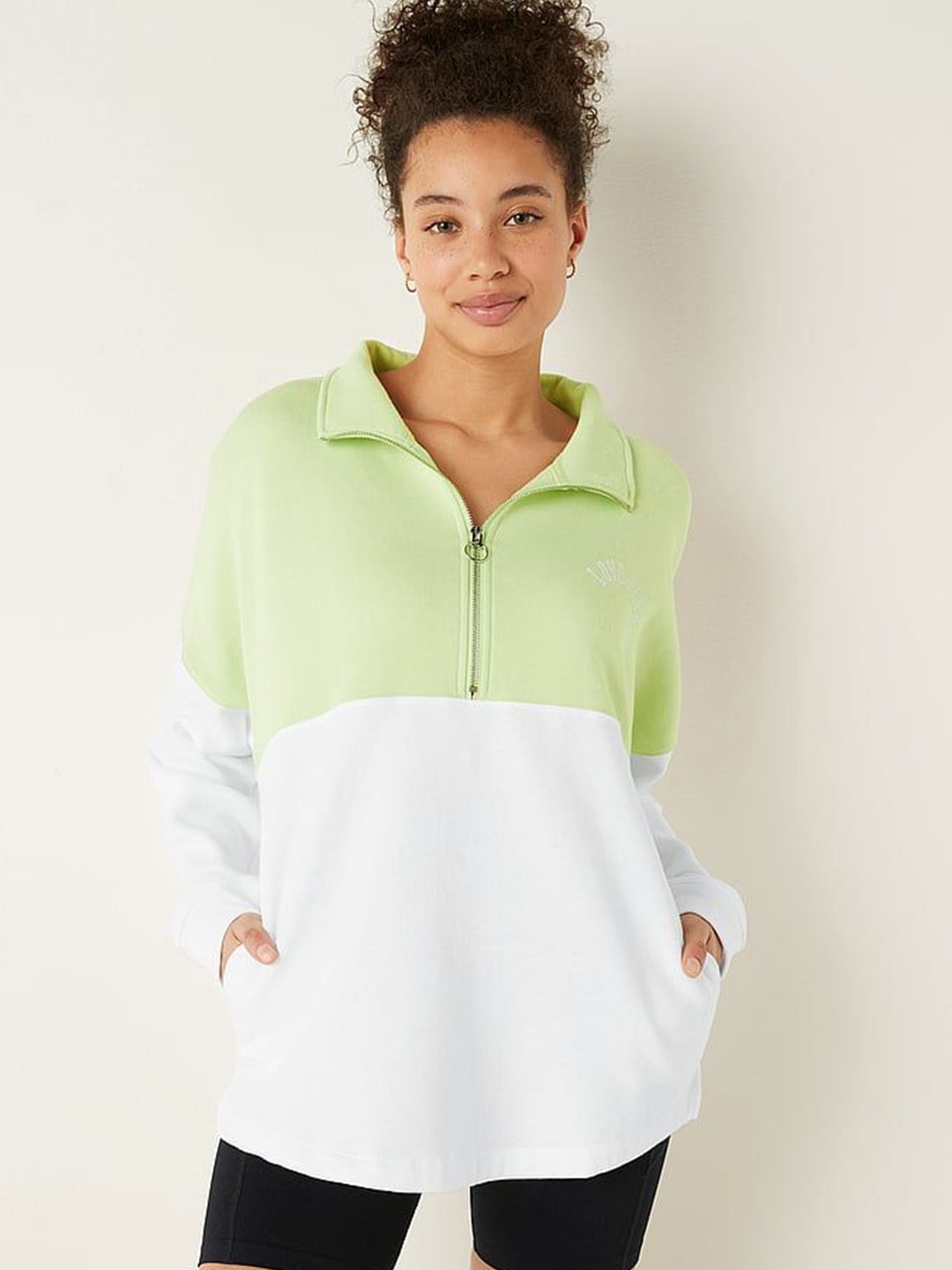 

Victoria's Secret Women Colourblocked Mock Collar Pullover Sweatshirt, Green