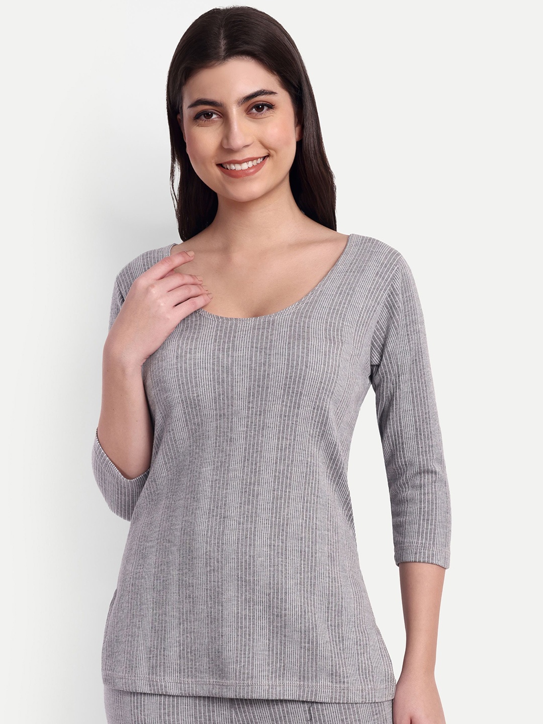 

ZEFFIT Striped Cotton Ribbed Thermal Tops, Grey
