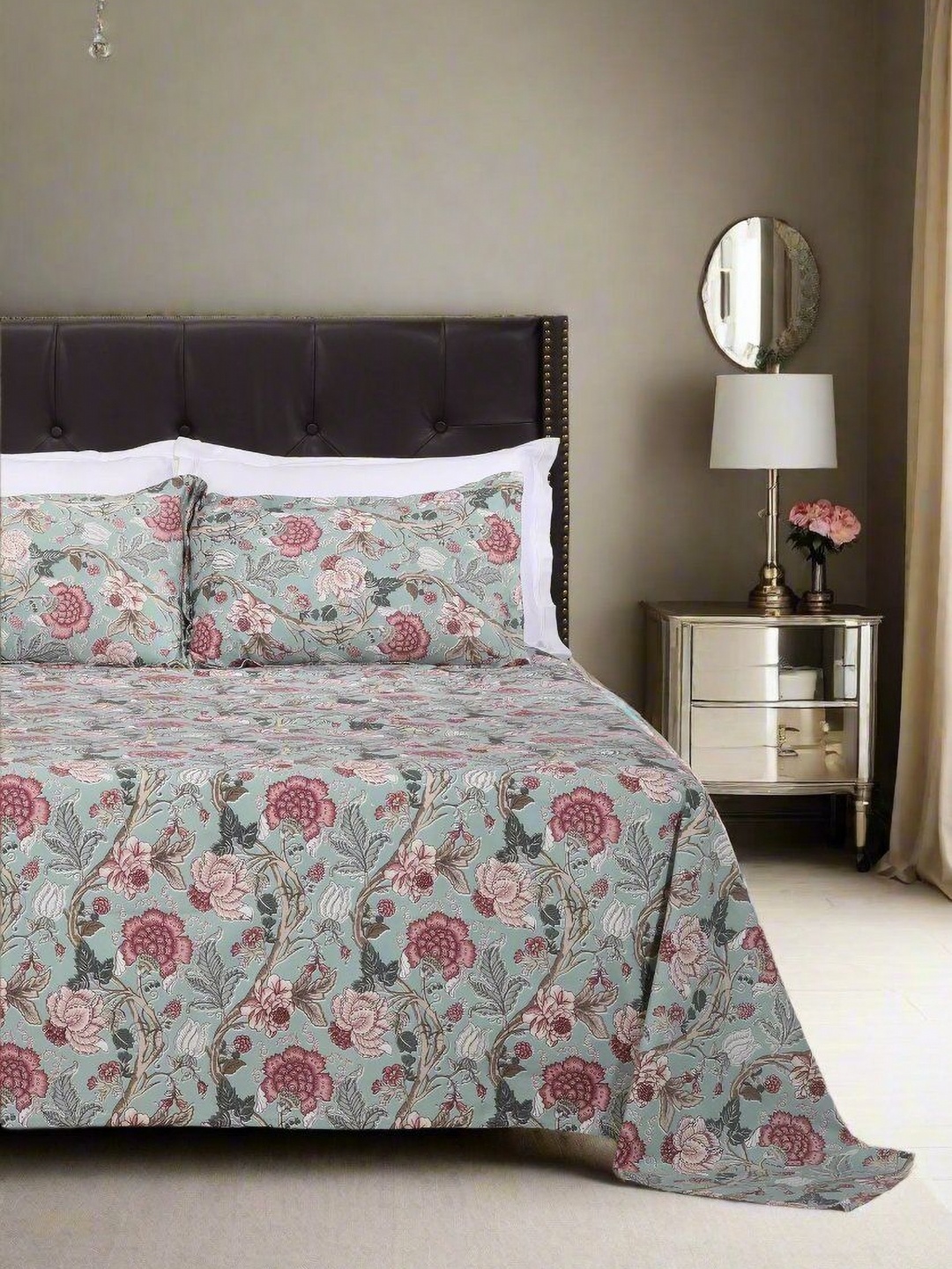 

SHAHENAZ Maroon & Blue Floral 120 TC Queen Bedsheet with 2 Pillow Covers