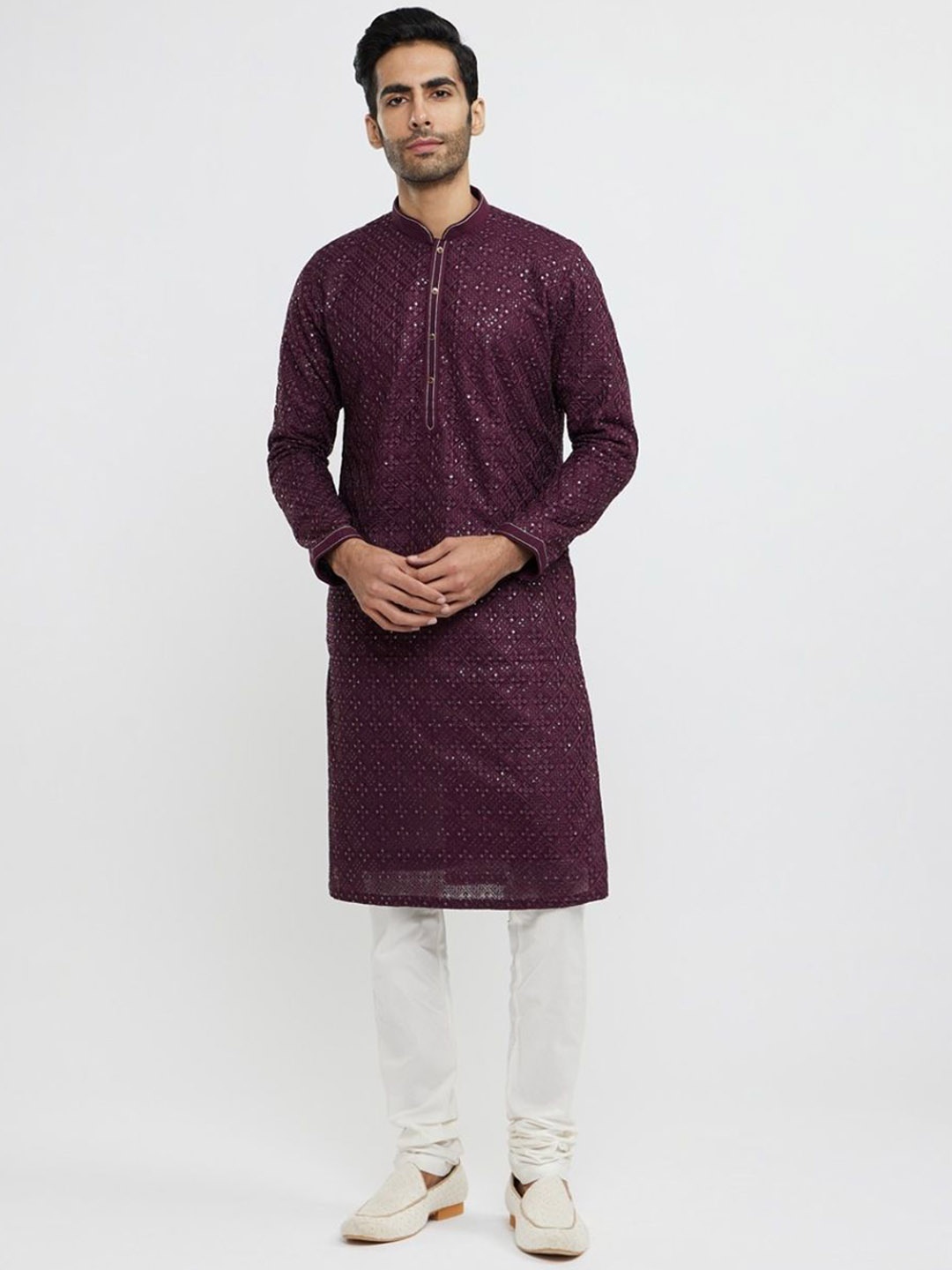 

Twamev Men Embroidered Regular Thread Work Kurta with Churidar, Purple