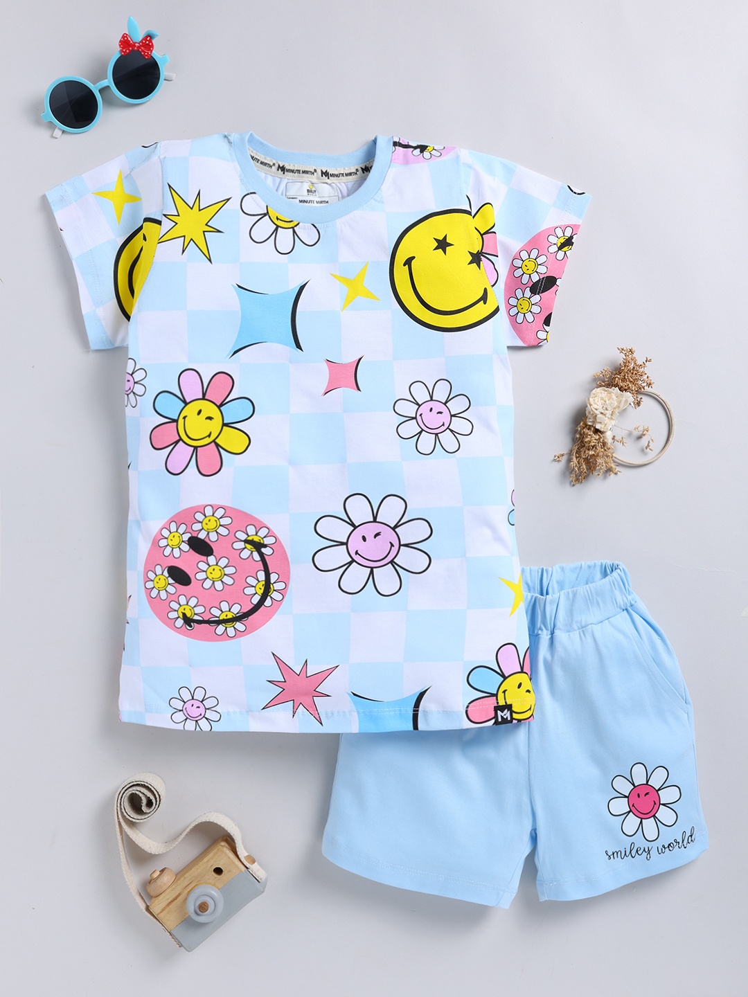 

YK X Minute Mirth Girls Printed Pure Cotton T-shirt with Shorts, Blue