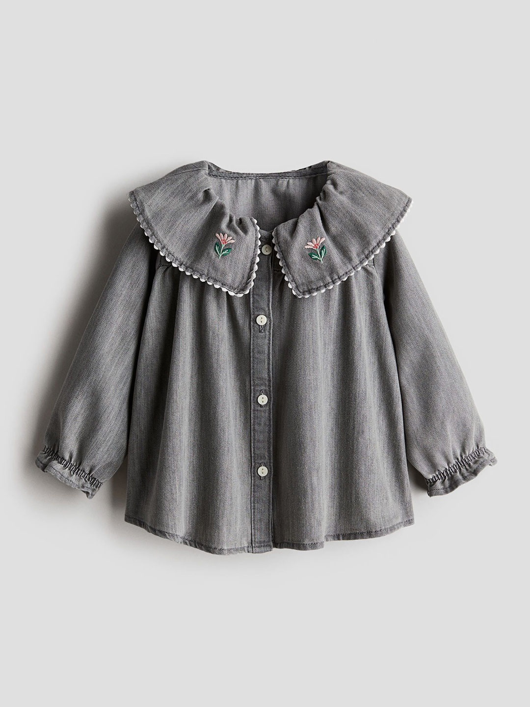 

H&M Girls Embroidered Peter Pan-Collar Denim Blouse, Grey