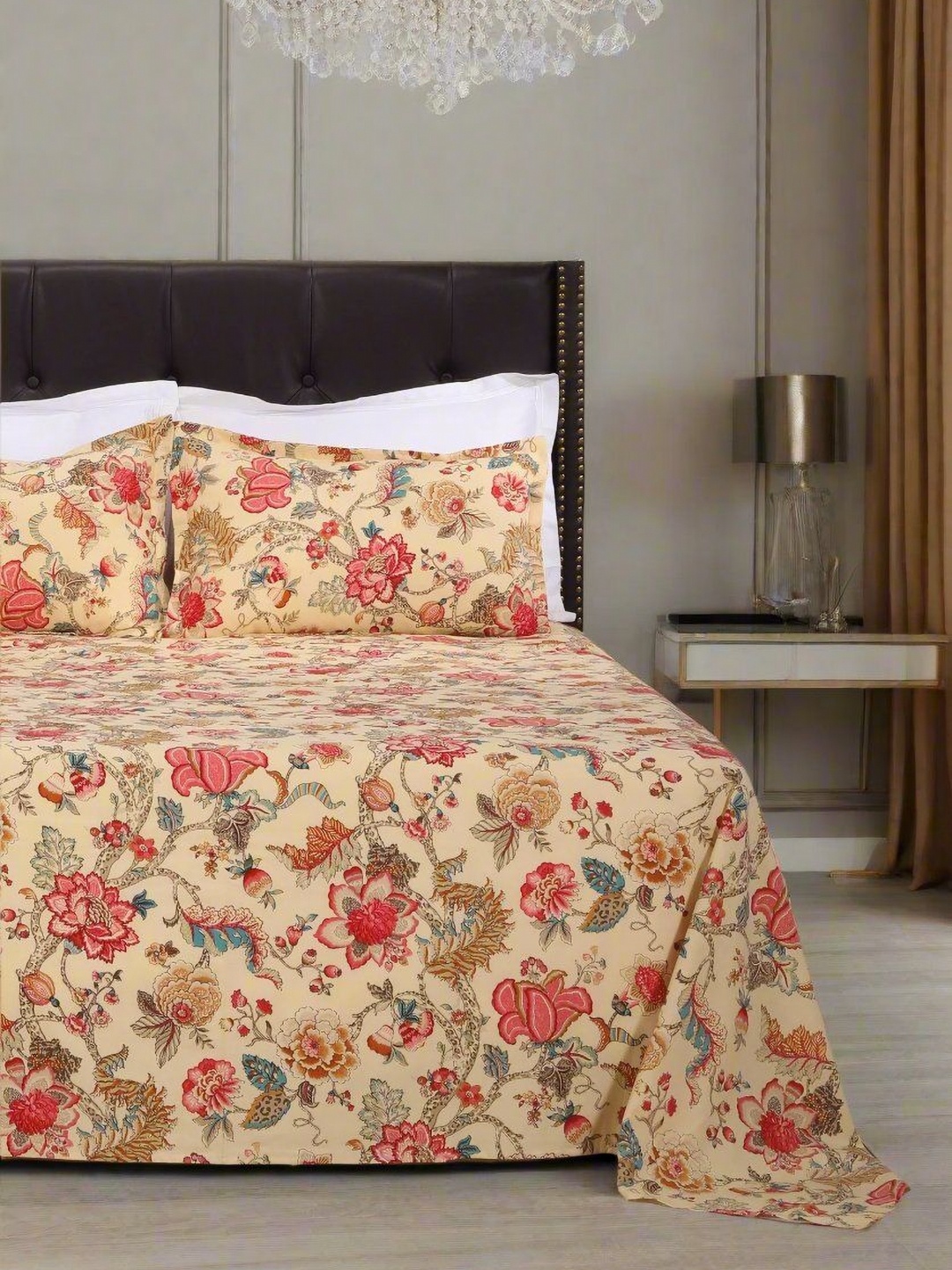 

SHAHENAZ Beige & Red Floral Cotton 120 TC Queen Bedsheet with 2 Pillow Covers