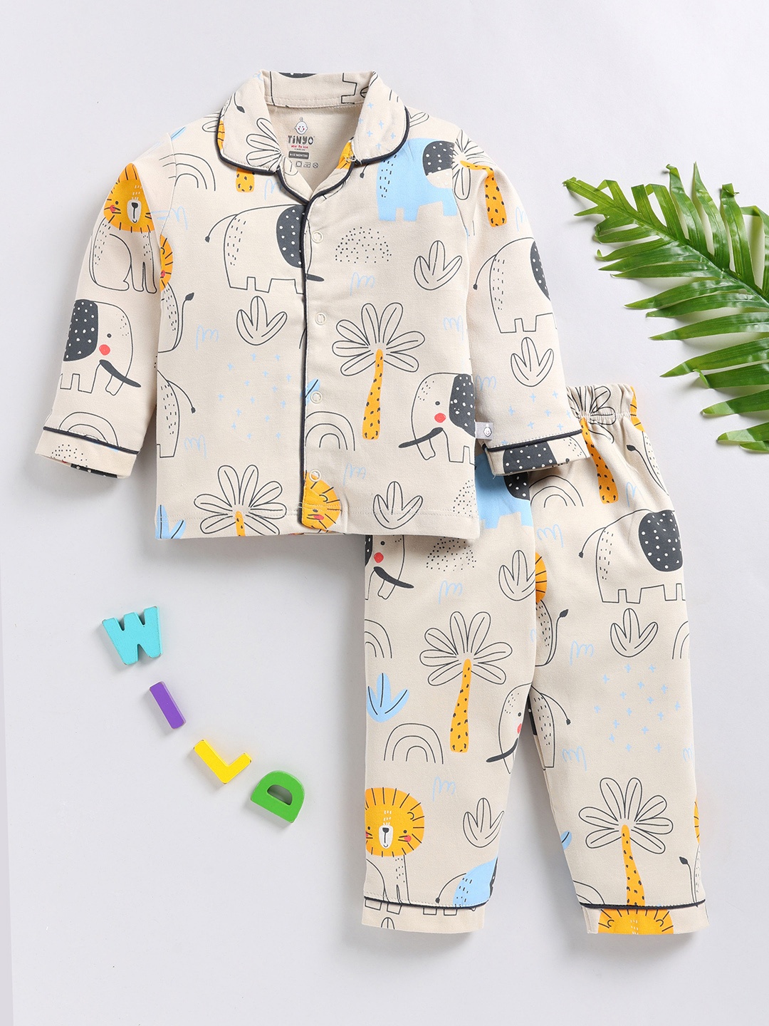 

YK X Tinyo Infant Boys Conversational Printed Pure Cotton Night suit, Beige