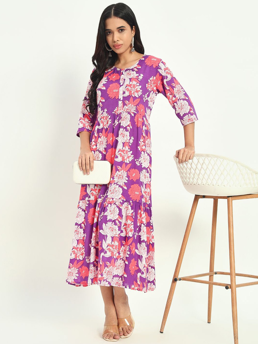 

ASHRU Floral Printed Round Neck Flared Dress, Purple