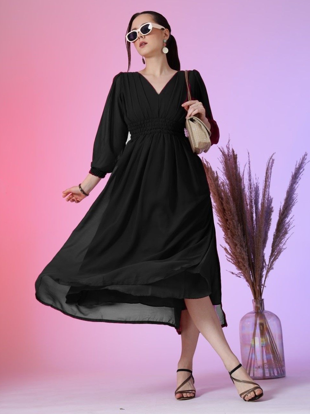 

Krunal Raiyani Georgette Fit & Flare Midi Dress, Black