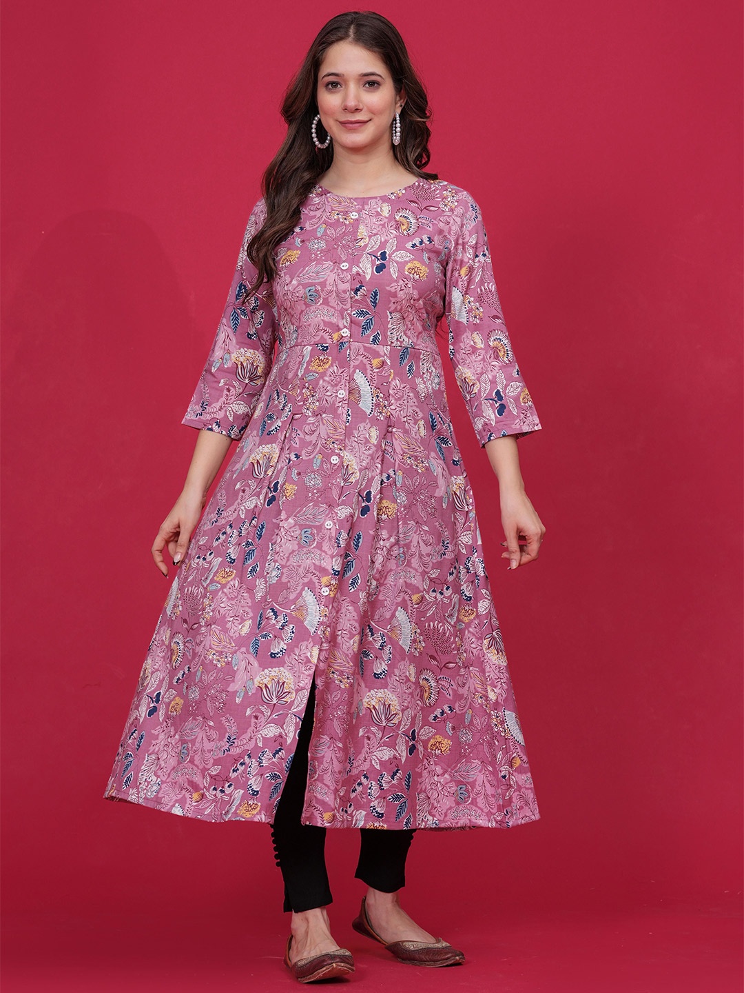 

DIZON Floral Printed Cotton A-Line Kurta, Pink